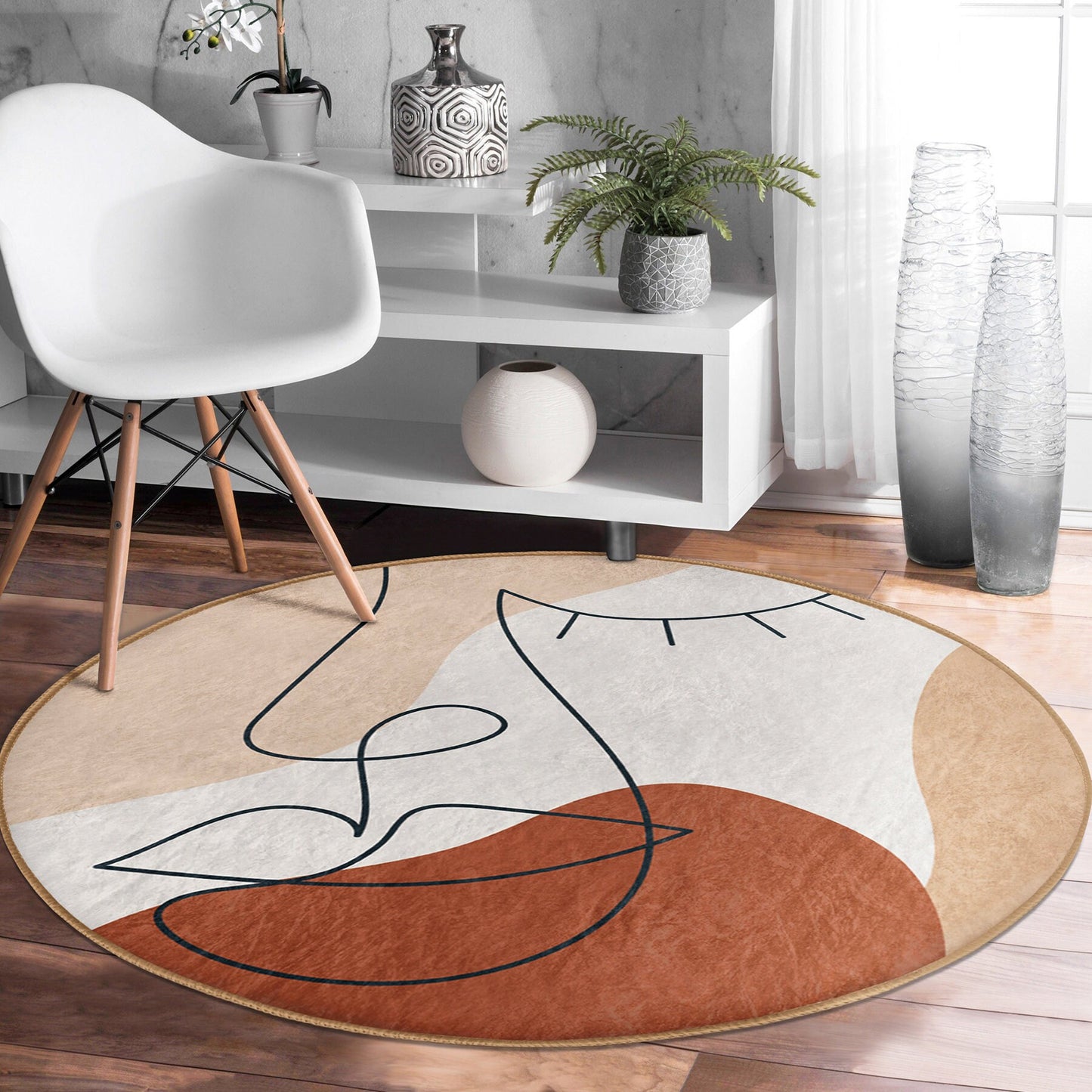 Round Soft Color Rug, Minimal Abstract Design, Non-Slip Base, Drawing Pattern - Living Room, Bedroom Draw Art, Rug, Carpet for Modern Home