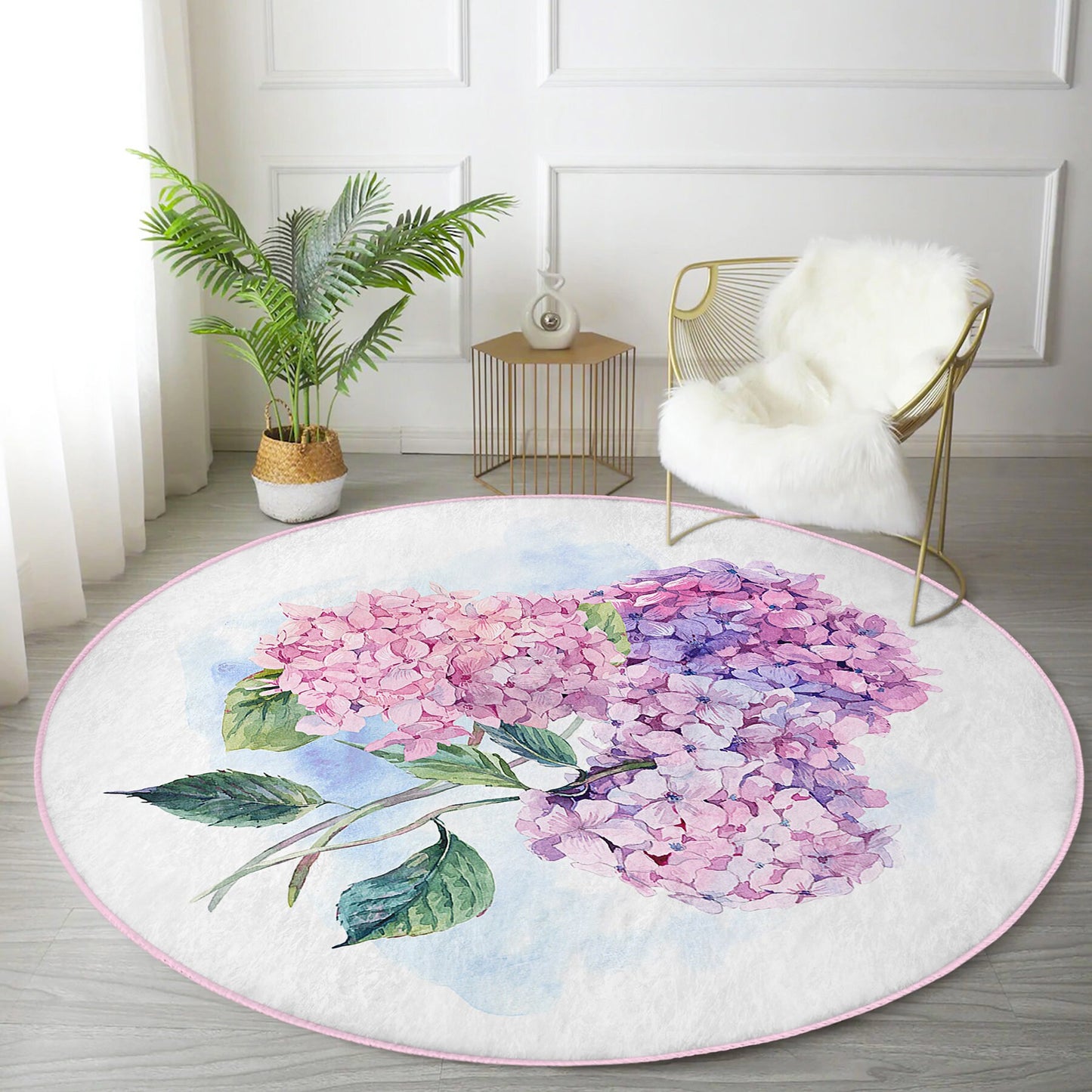 Round Purple Flower Rug, Minimal Floral Design, Non-Slip Base, Purple Pattern - Living Room, Bedroom Decor, Rug, Carpet for Home Garden