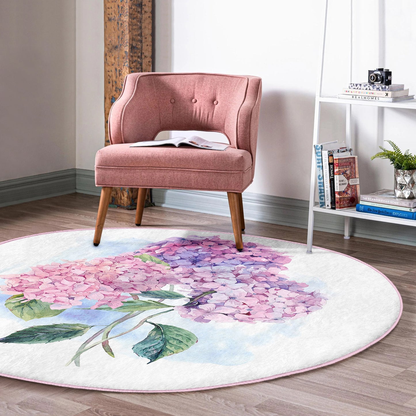 Round Purple Flower Rug, Minimal Floral Design, Non-Slip Base, Purple Pattern - Living Room, Bedroom Decor, Rug, Carpet for Home Garden