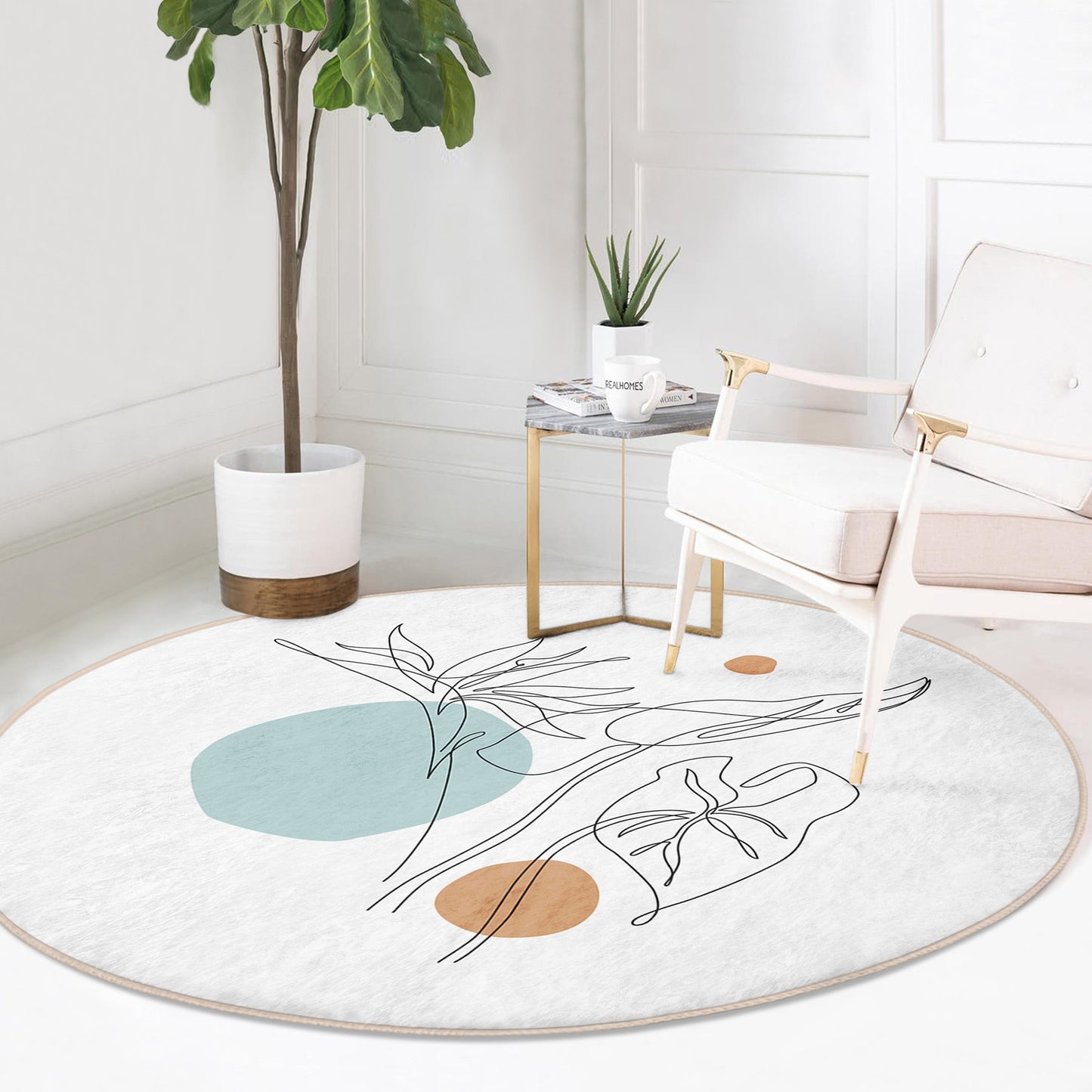 Round Pastel Drawing Rug, Minimal Abstract Design, Non-Slip Base, Drawing Pattern - Living Room, Bedroom Draw Art, Rug, Carpet for Home