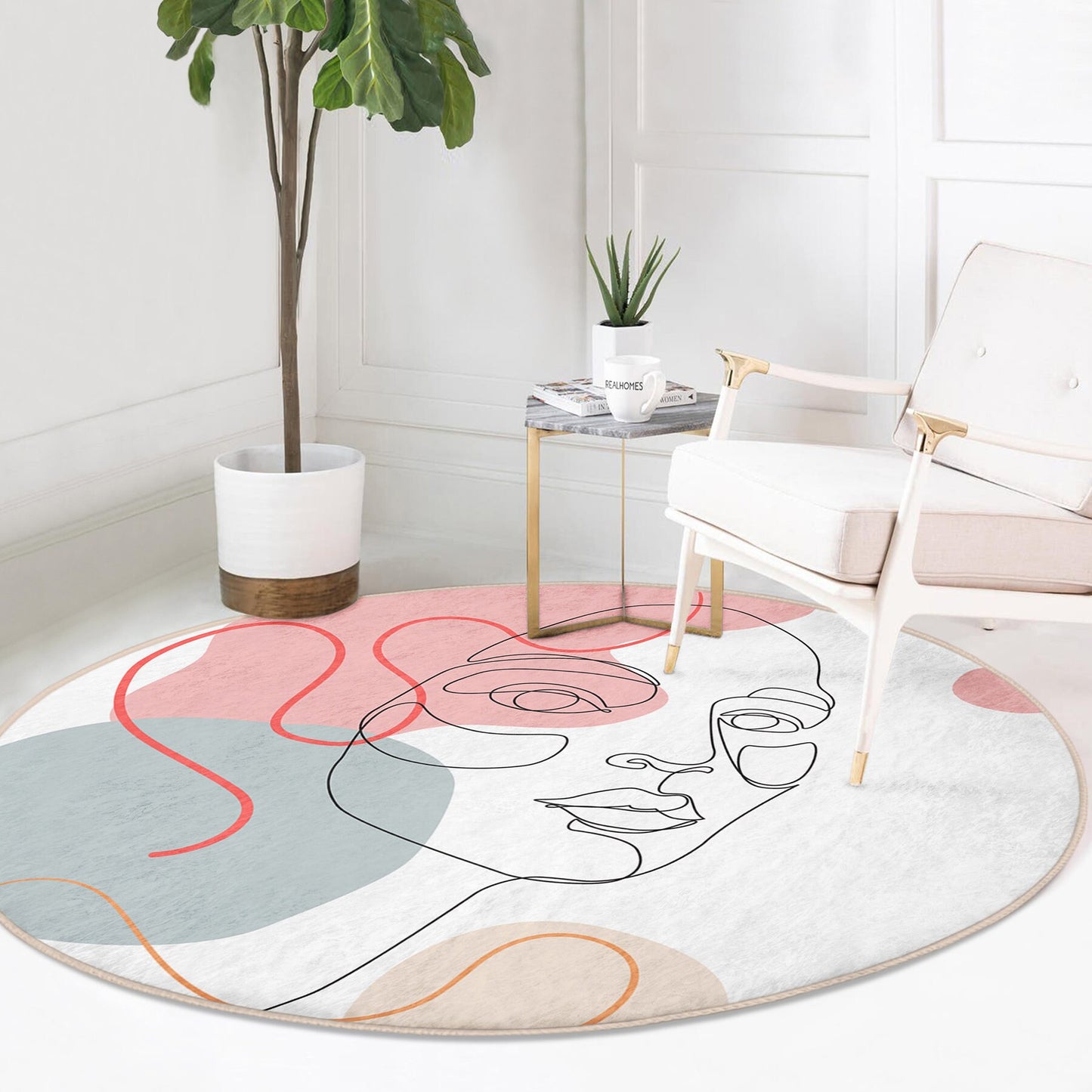 Round Pink Drawing Rug, Minimal Abstract Design, Non-Slip Base, Drawing Pattern - Living Room, Bedroom Draw Art, Rug, Carpet for Home