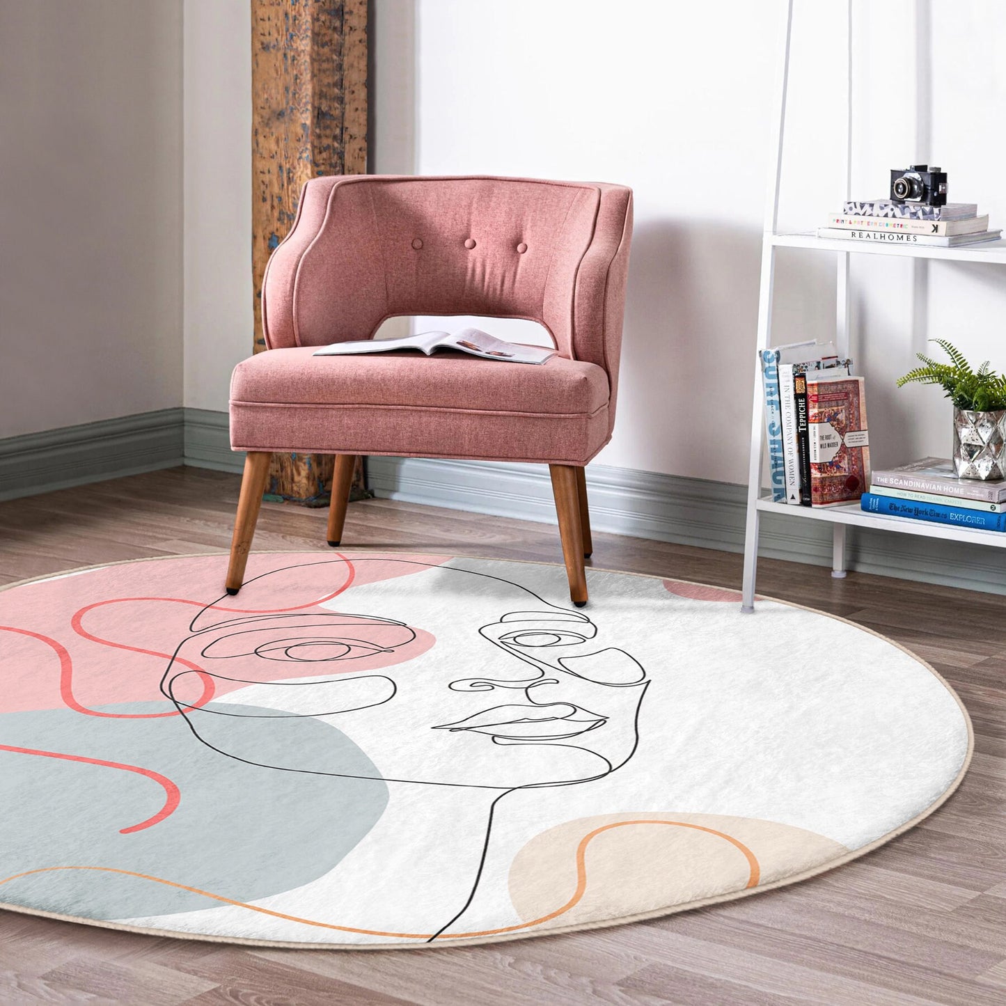 Round Pink Drawing Rug, Minimal Abstract Design, Non-Slip Base, Drawing Pattern - Living Room, Bedroom Draw Art, Rug, Carpet for Home