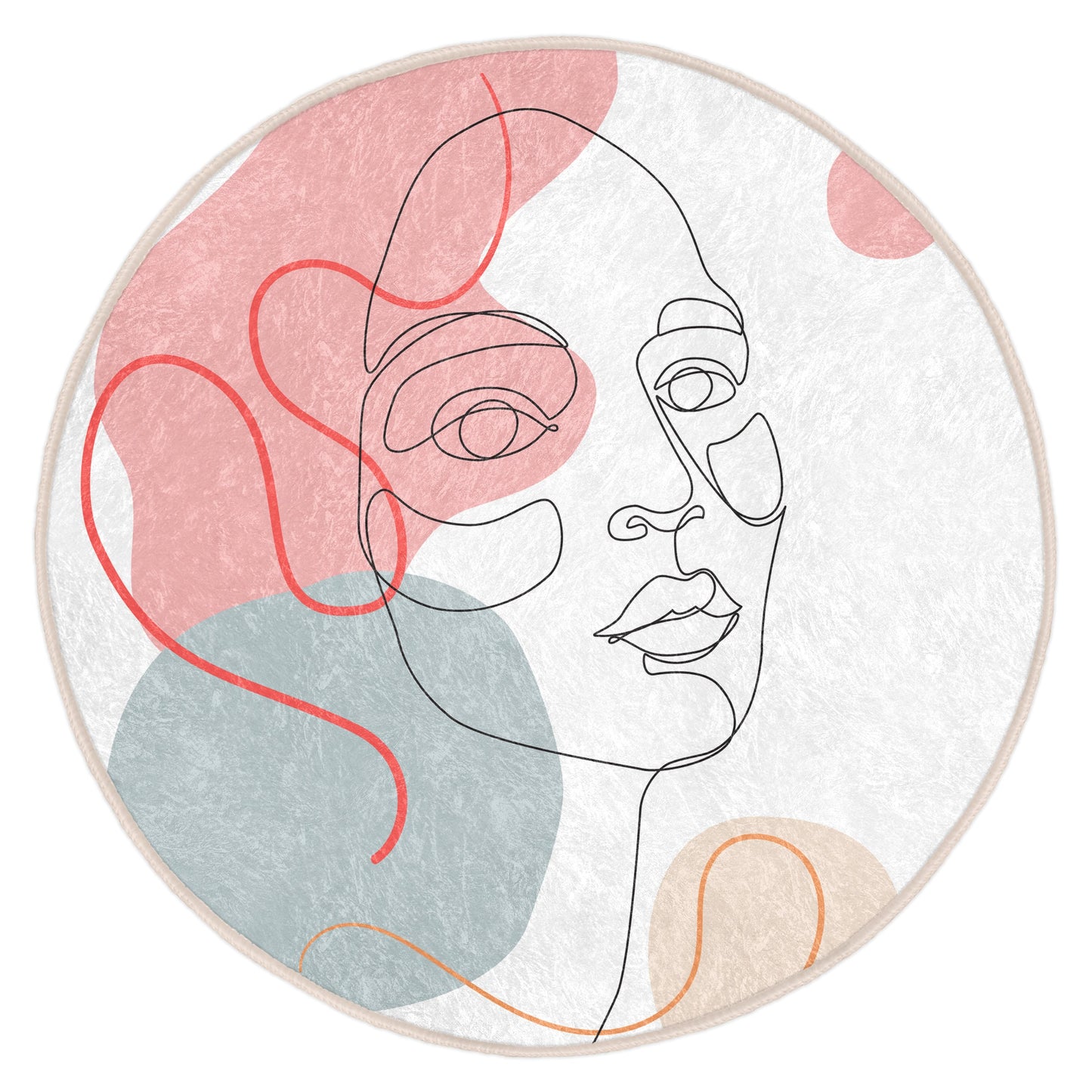 Round Pink Drawing Rug, Minimal Abstract Design, Non-Slip Base, Drawing Pattern - Living Room, Bedroom Draw Art, Rug, Carpet for Home