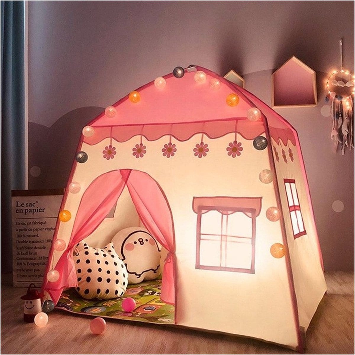 Montessori Tent for kids, Scandi Natural Teepee, Play House Teepee, Playhouse Kids Tent, Scandi Nordic playhouse,with Led Lighting Pink Tent