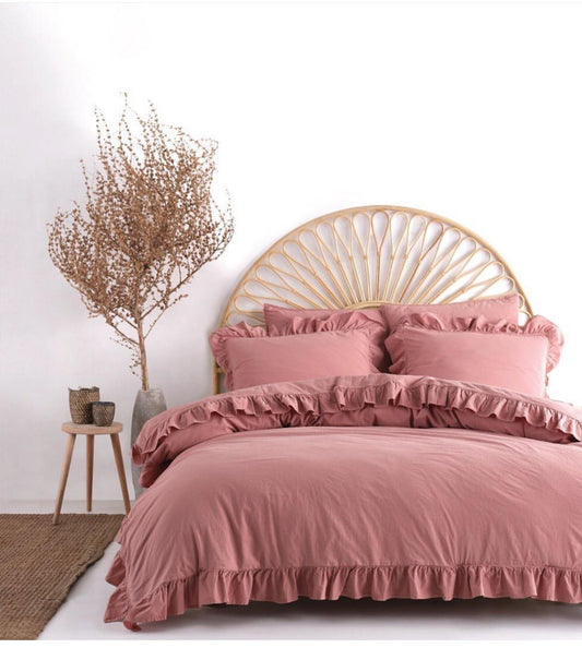 Dusty Rose Soft Garment Washed Collection 100% Cotton Duvet Cover Set with Soft Ruffles | Dusty Rose OEKO-TEX® Certified, Wrinkle-Look Finish