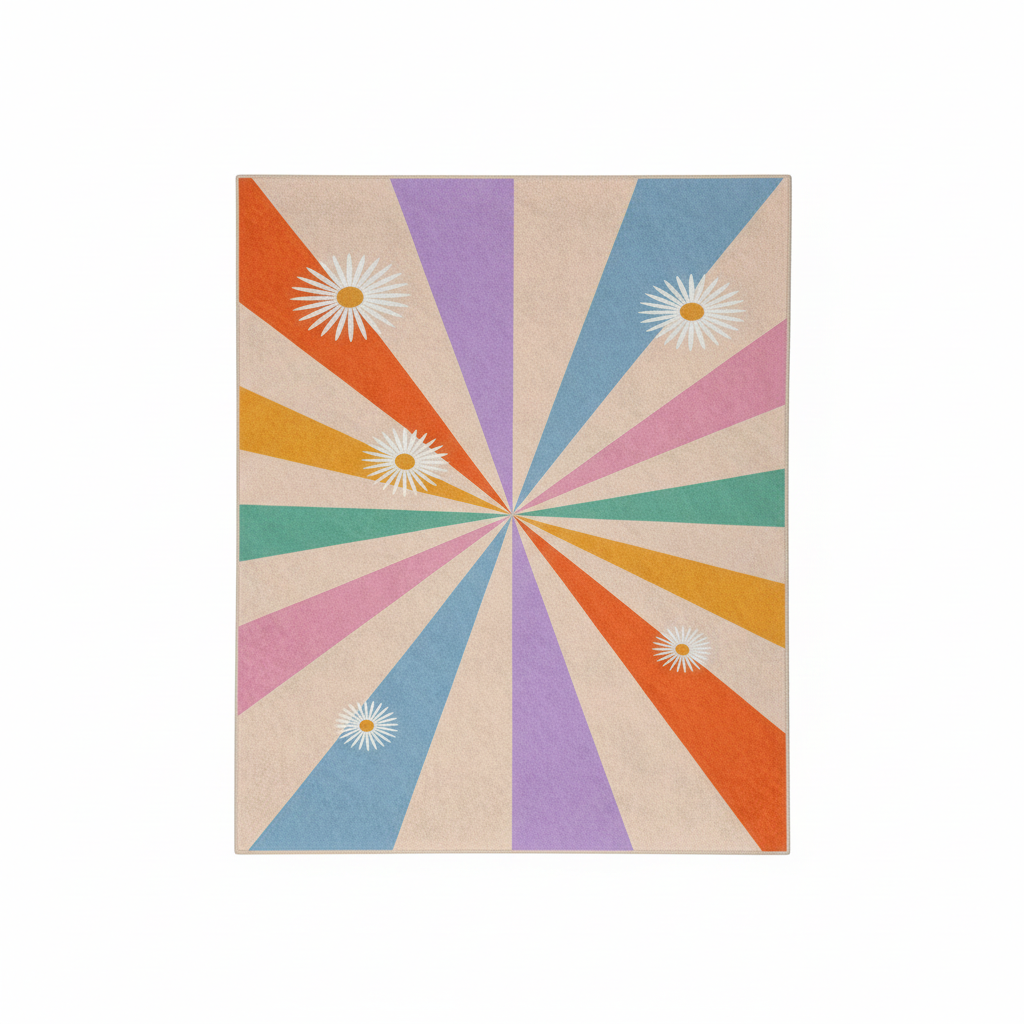 Colorful Sunburst Pattern Kids Area Rug, Rectangular Playroom Carpet, Flower Design Nursery Rug, Modern Kids Room Decor