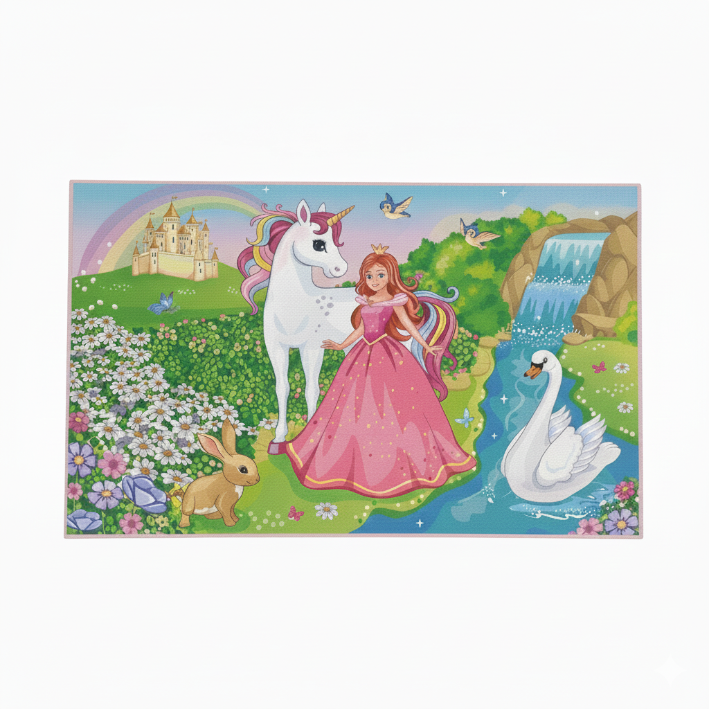 Magical Unicorn and Princess Kids Play Rug, Fairy Tale Rectangular Rug, Enchanted Landscape Carpet for Children's Room