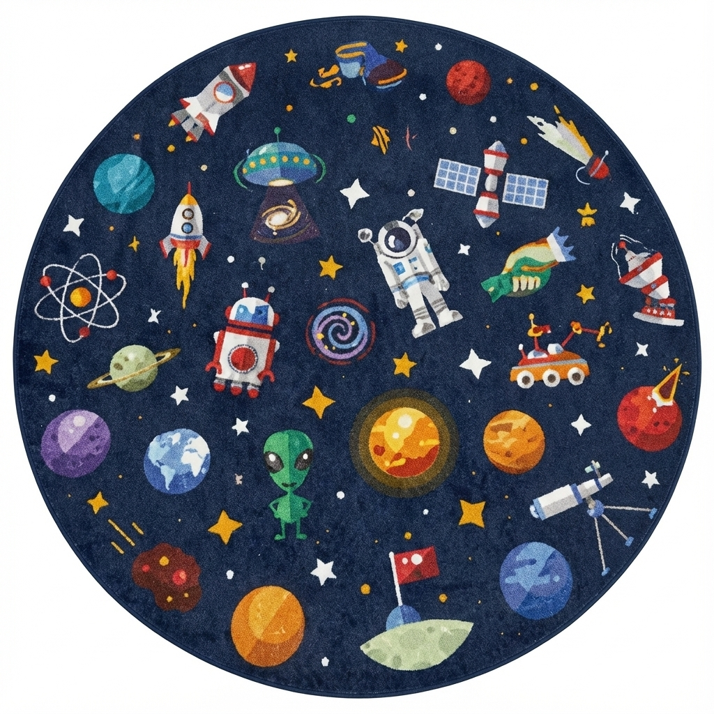Space Adventure Round Kids Rug, Outer Space Play Mat, Galaxy Decor for Children's Room, Astronaut and Planet Rug, Cosmic Kids Carpet
