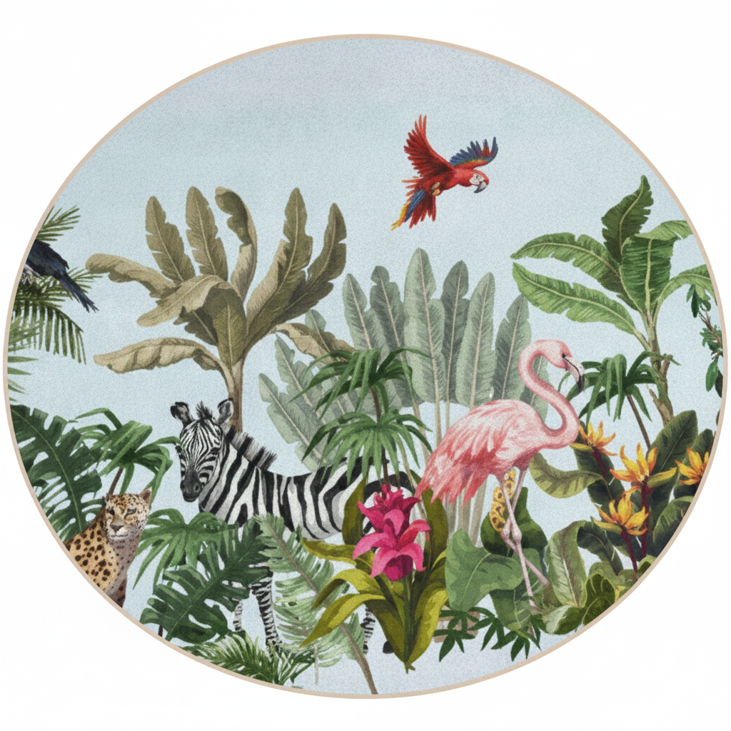 Tropical Paradise Round Kids Rug, Jungle Animal Play Mat, Flamingo Decor, Nature Inspired Round Rug, Kids Room Flooring