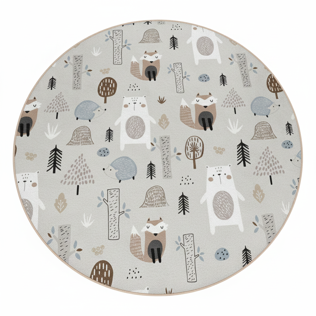 Whimsical Forest Animals Round Kids Rug, Cute Bear and Hedgehog Decor, Children's Room Carpet, Soft Play Mat, Nursery Rug