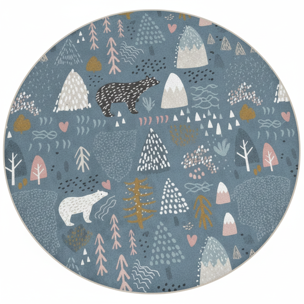 Whimsical Woodland Round Kids Rug, Bear and Tree Pattern, Soft Play Area Mat, Nursery Decor, Playroom Carpet