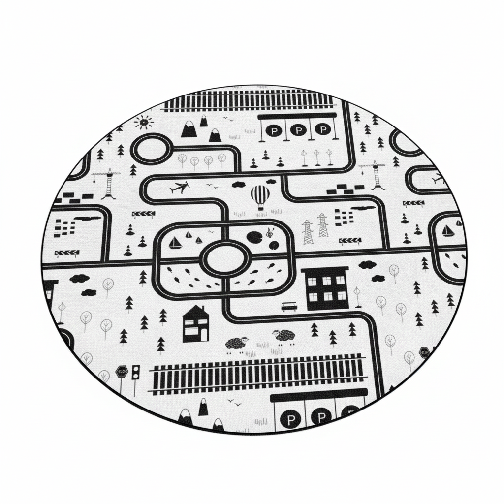 Black and White Road Map Round Kids Rug, Interactive Play Mat for Playroom, Nursery Decor, Soft and Cozy Play Area
