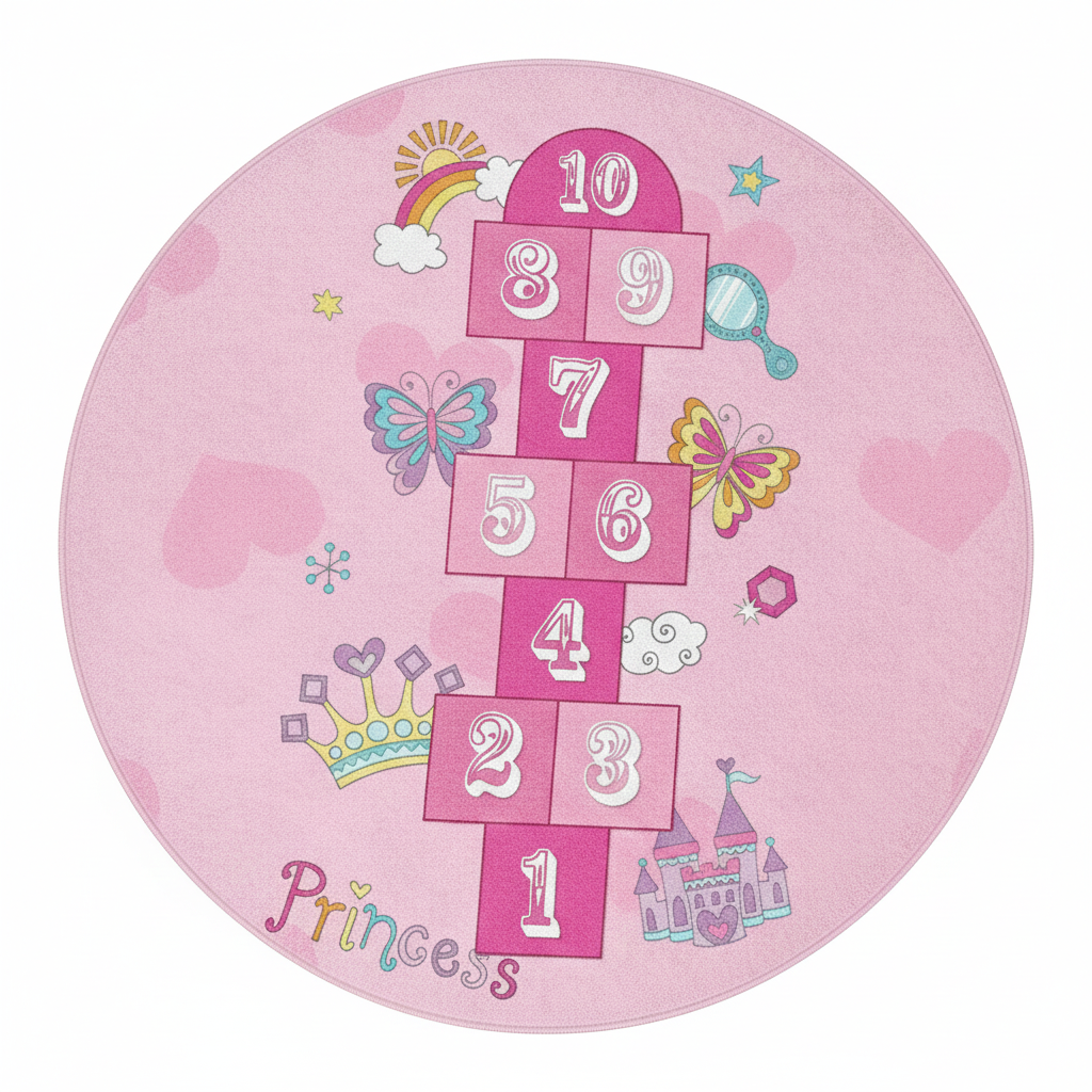 Princess Hopscotch Round Play Rug, Pink Kids Rug, Girls Room Decor, Interactive Hopscotch Mat, Soft Nursery Rug, Playroom Area Rug