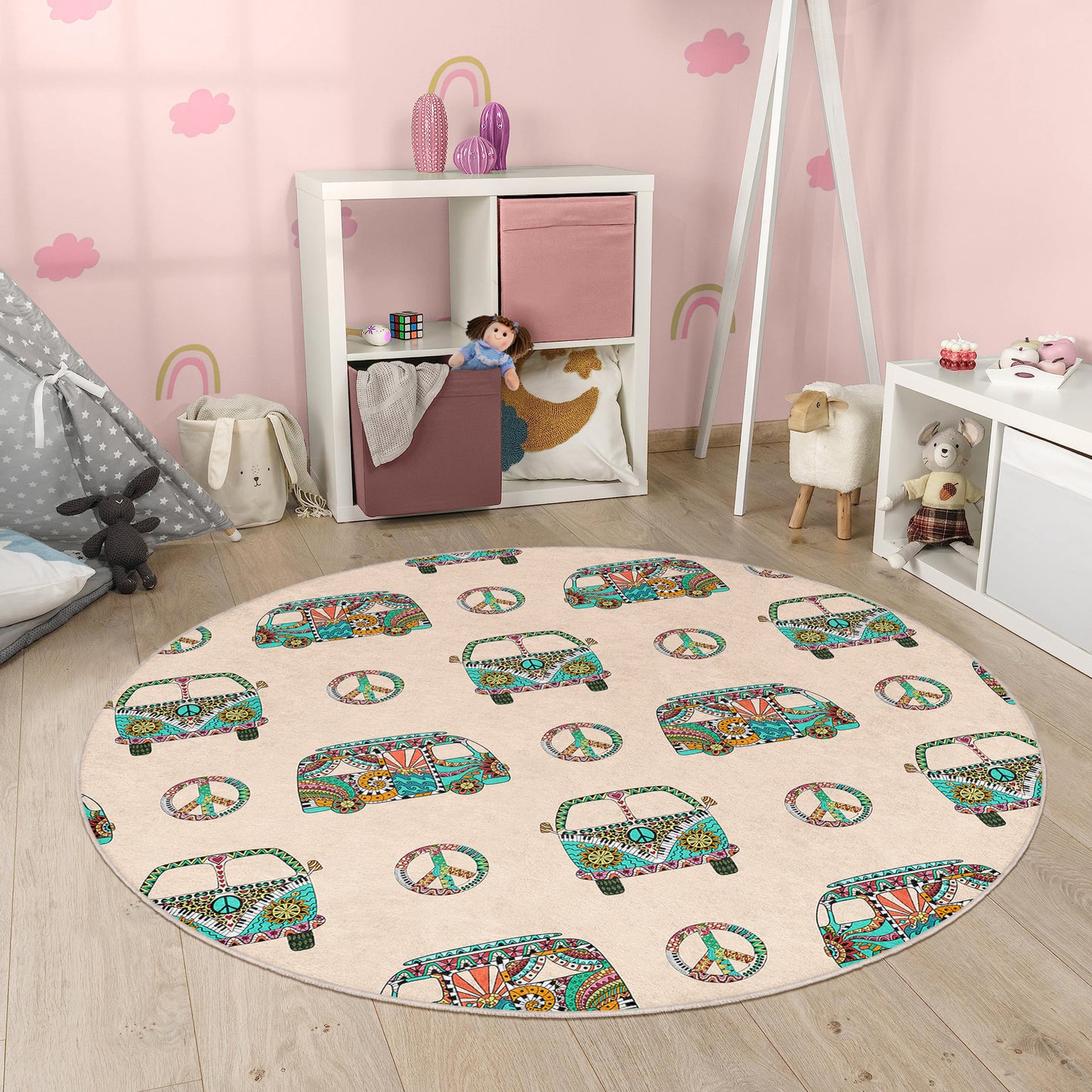 Cute Minivan Design Washable Anti-Slip Kids Rug Multifunction as Non Slip Play Mat - Perfect for Bedrooms, Playrooms & Nurseries - Durable, Safe, & Easy to Clean for Boys & Girls 304