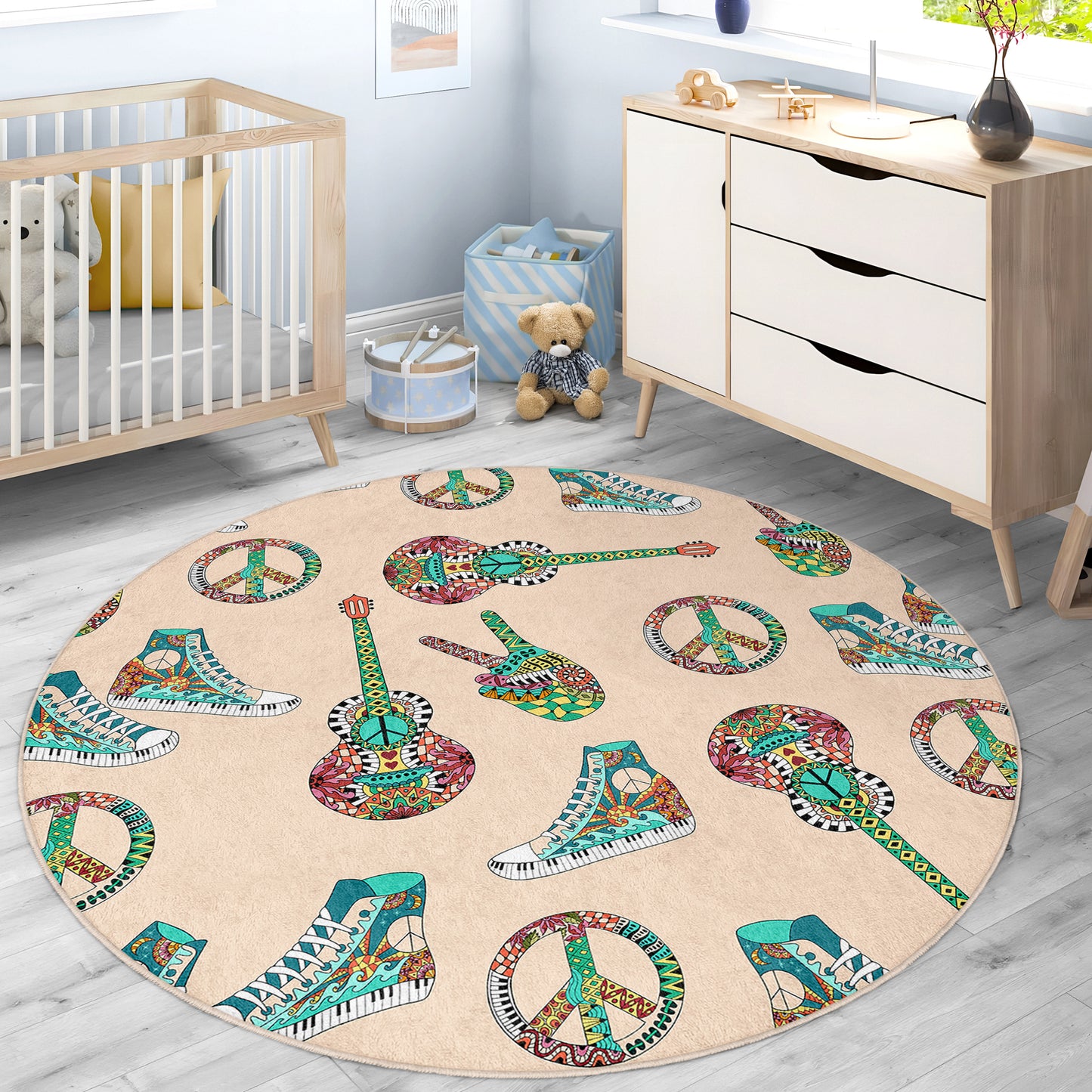Peace Guitar and Converse Design Washable Anti-Slip Kids Rug Multifunction as Non Slip Play Mat - Perfect for Bedrooms, Playrooms & Nurseries - Durable, Safe, & Easy to Clean for Boys & Girls (308)