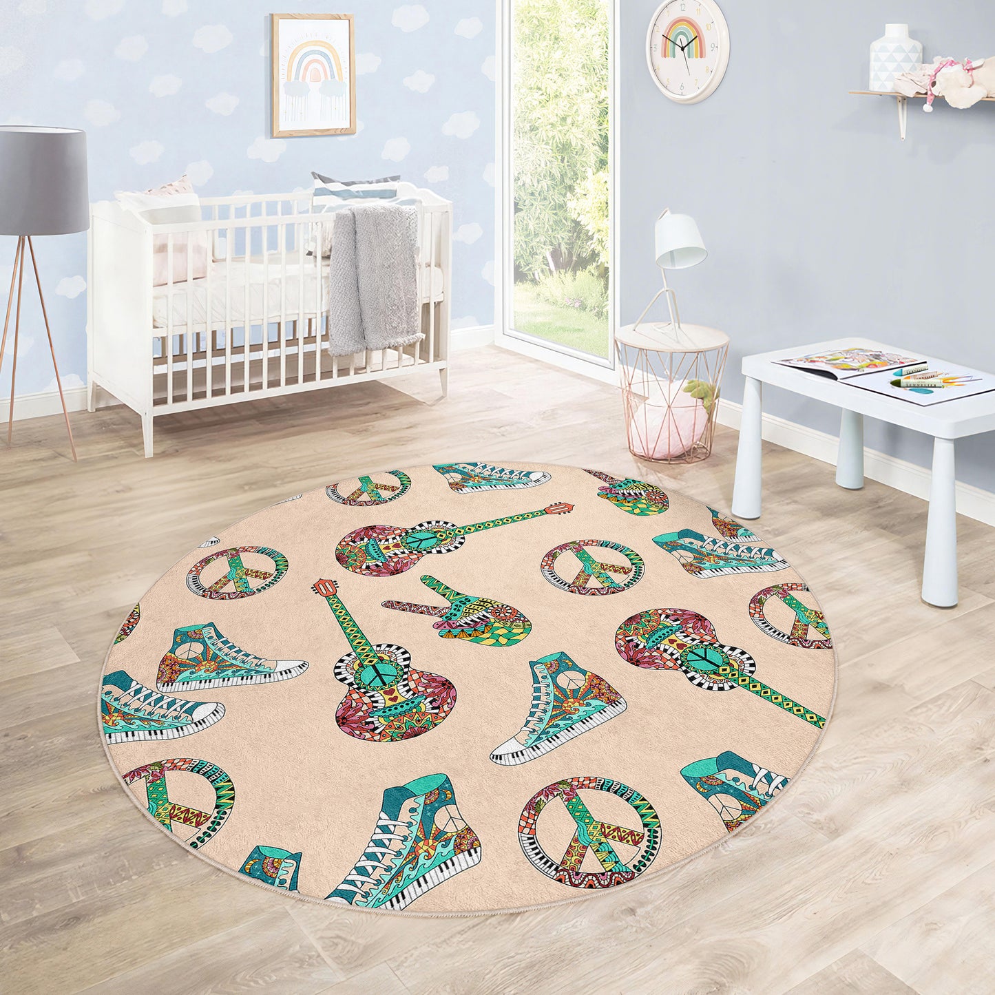 Peace Guitar and Converse Design Washable Anti-Slip Kids Rug Multifunction as Non Slip Play Mat - Perfect for Bedrooms, Playrooms & Nurseries - Durable, Safe, & Easy to Clean for Boys & Girls (308)