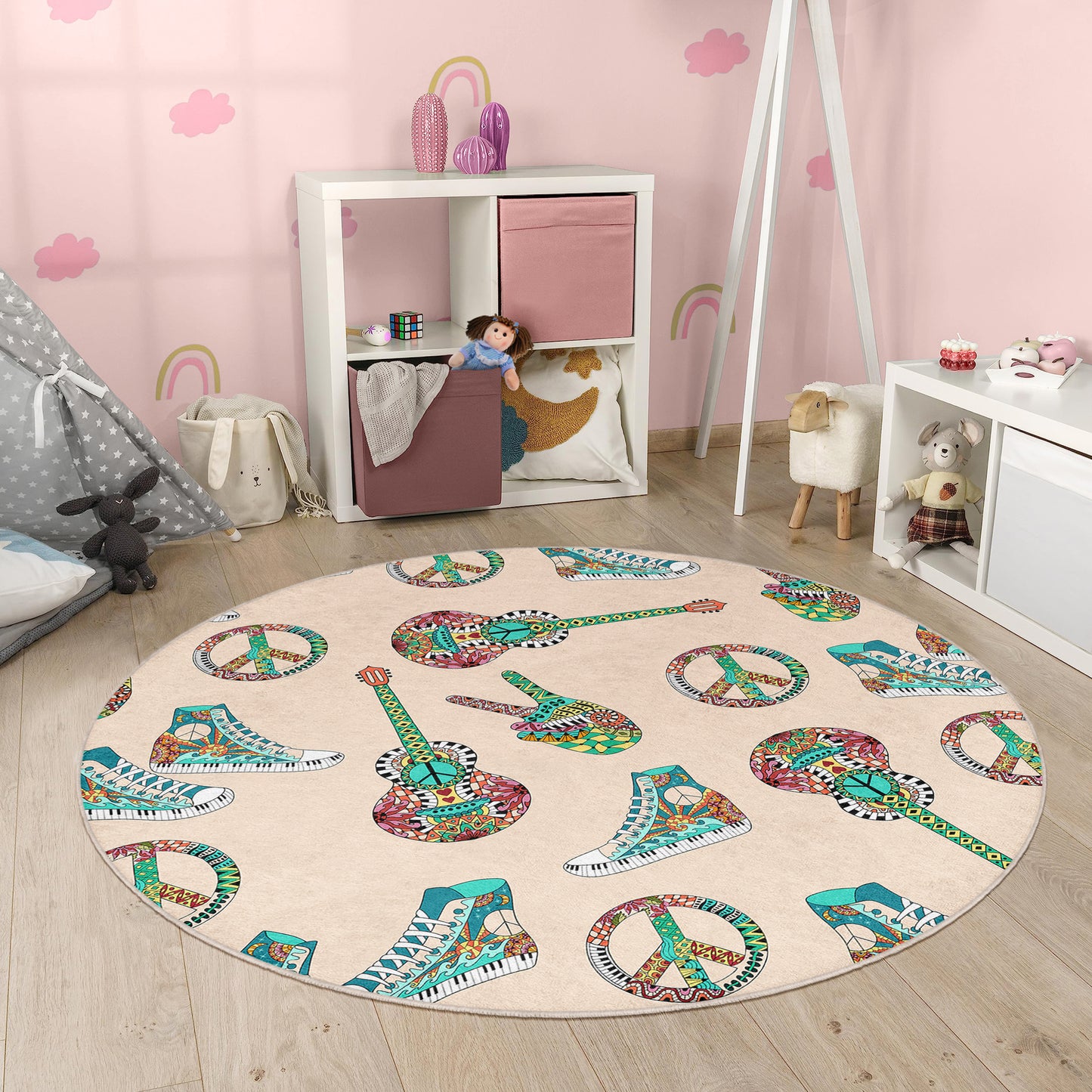 Peace Guitar and Converse Design Washable Anti-Slip Kids Rug Multifunction as Non Slip Play Mat - Perfect for Bedrooms, Playrooms & Nurseries - Durable, Safe, & Easy to Clean for Boys & Girls (308)