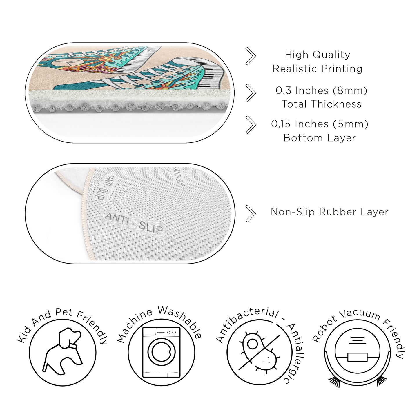 Peace Guitar and Converse Design Washable Anti-Slip Kids Rug Multifunction as Non Slip Play Mat - Perfect for Bedrooms, Playrooms & Nurseries - Durable, Safe, & Easy to Clean for Boys & Girls (308)