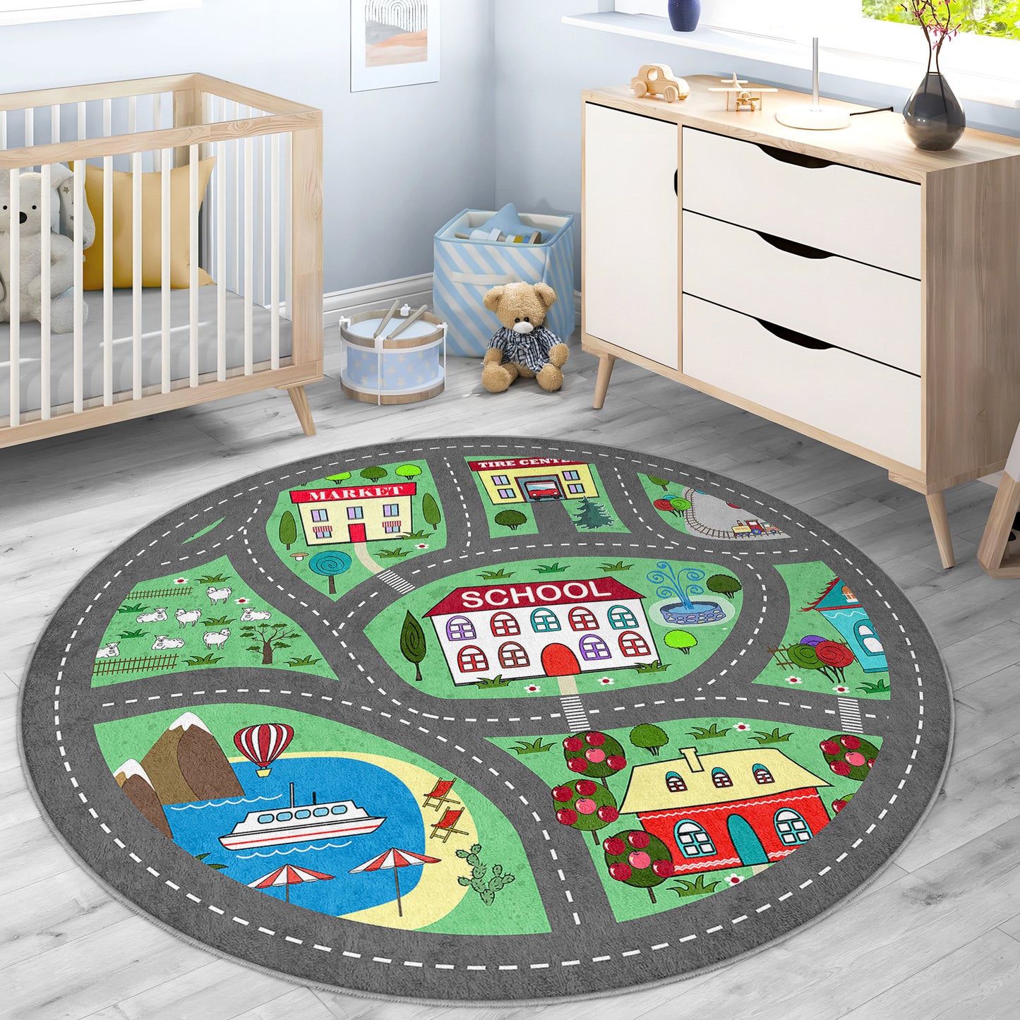 Car Road to School Navy Design Washable Anti-Slip Kids Rug Multifunction as Non Slip Play Mat - Perfect for Bedrooms, Playrooms & Nurseries - Durable, Safe, & Easy to Clean for Boys & Girls 309