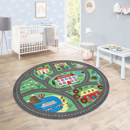 Car Road to School Navy Design Washable Anti-Slip Kids Rug Multifunction as Non Slip Play Mat - Perfect for Bedrooms, Playrooms & Nurseries - Durable, Safe, & Easy to Clean for Boys & Girls 309