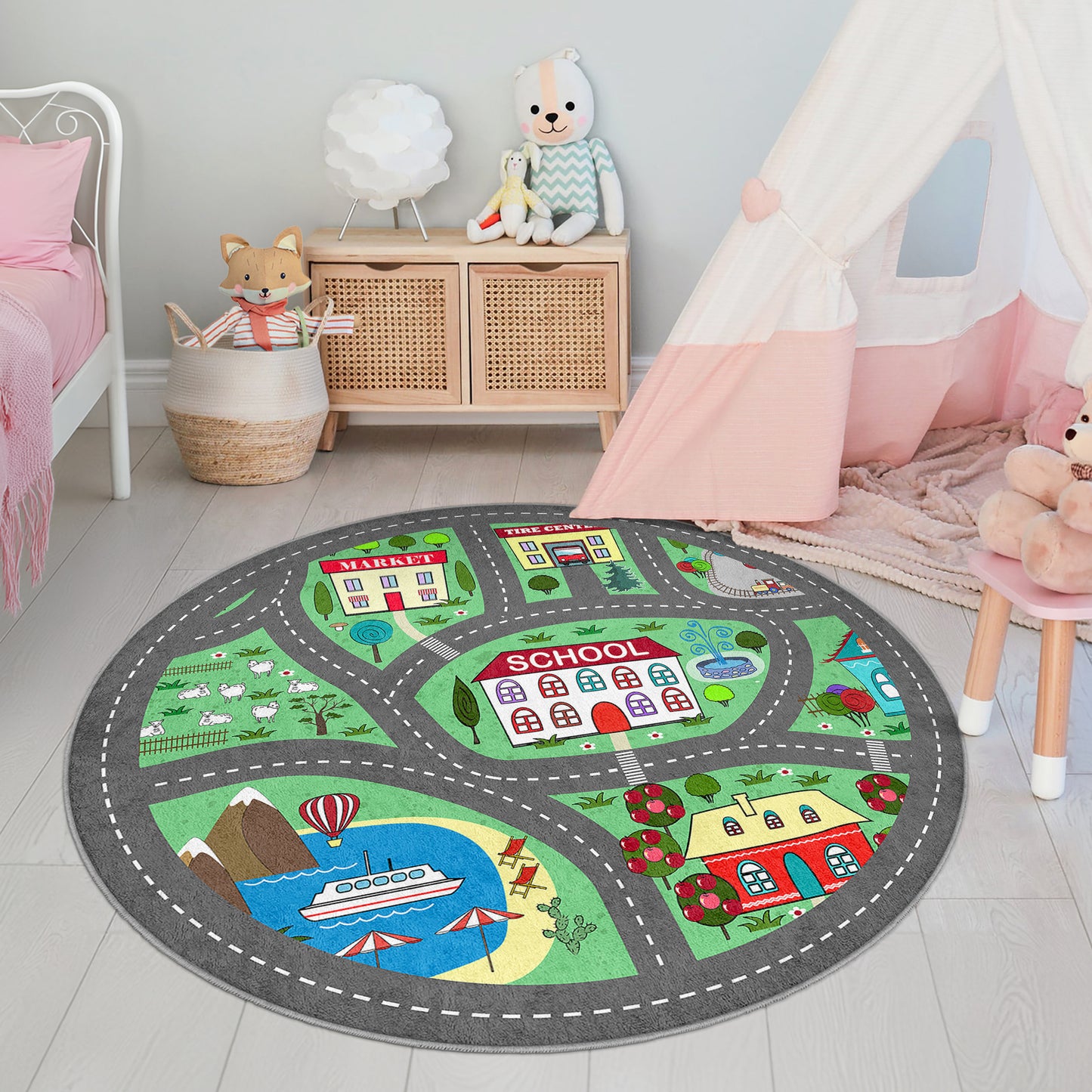 Car Road to School Navy Design Washable Anti-Slip Kids Rug Multifunction as Non Slip Play Mat - Perfect for Bedrooms, Playrooms & Nurseries - Durable, Safe, & Easy to Clean for Boys & Girls 309