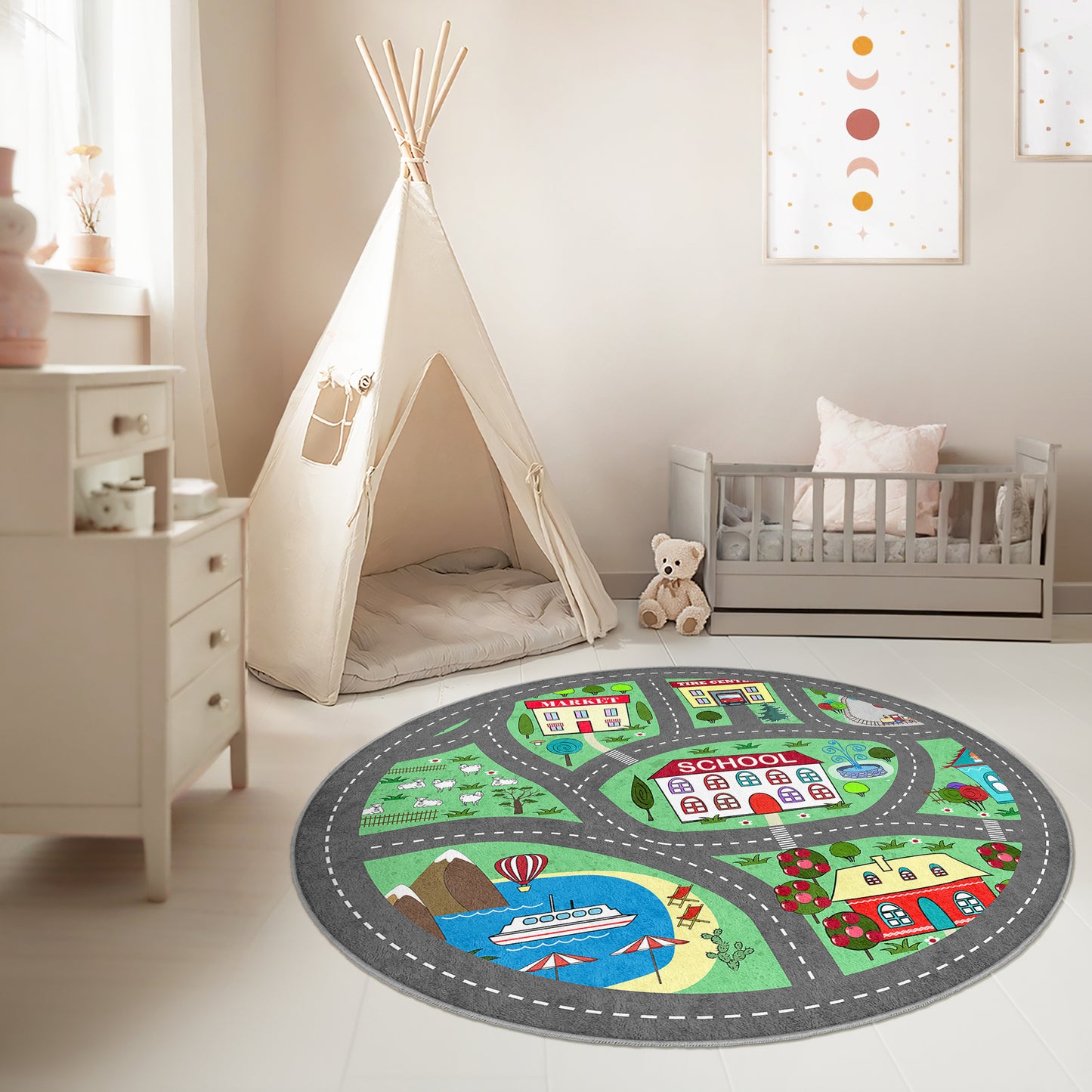 Car Road to School Navy Design Washable Anti-Slip Kids Rug Multifunction as Non Slip Play Mat - Perfect for Bedrooms, Playrooms & Nurseries - Durable, Safe, & Easy to Clean for Boys & Girls 309