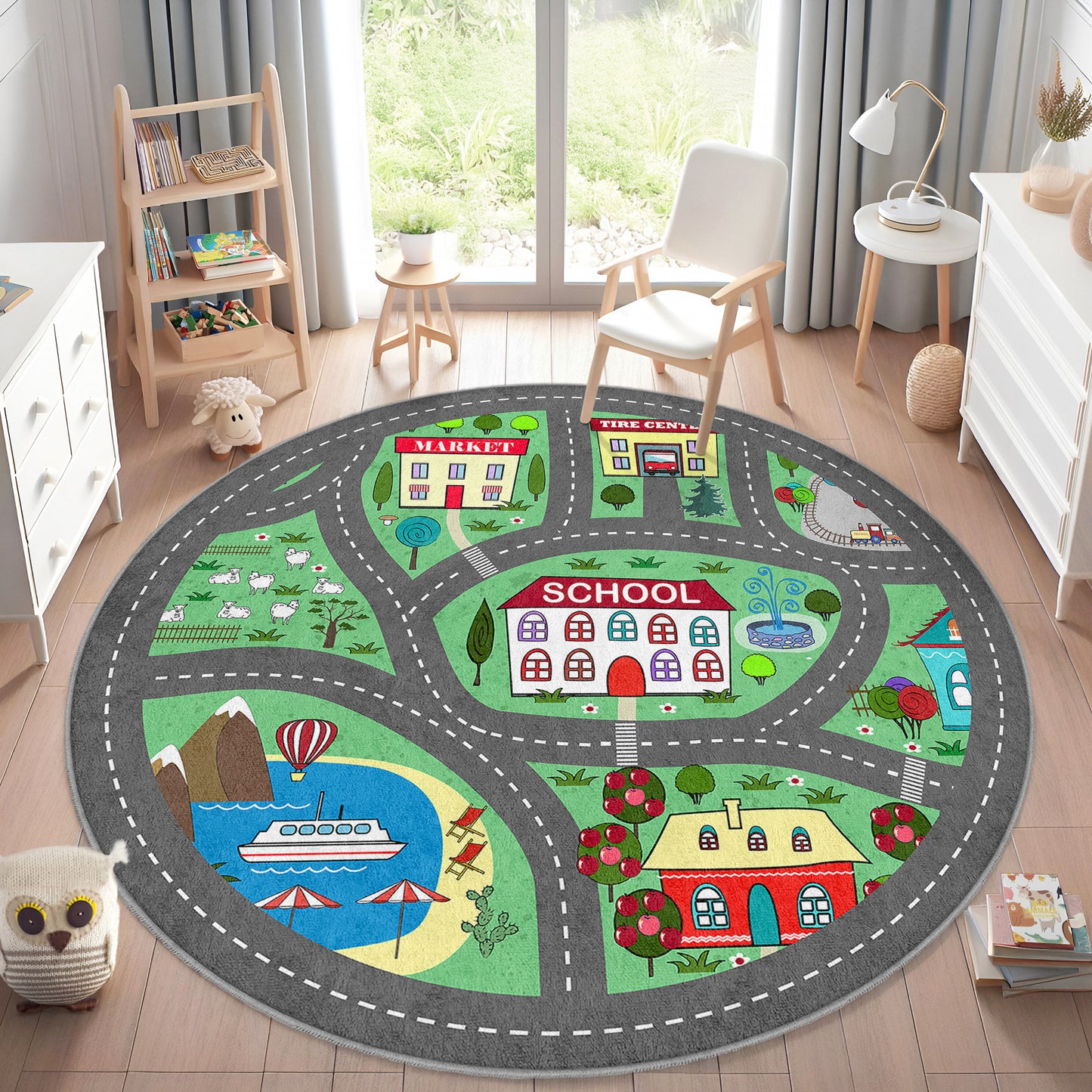 Car Road to School Navy Design Washable Anti-Slip Kids Rug Multifunction as Non Slip Play Mat - Perfect for Bedrooms, Playrooms & Nurseries - Durable, Safe, & Easy to Clean for Boys & Girls 309