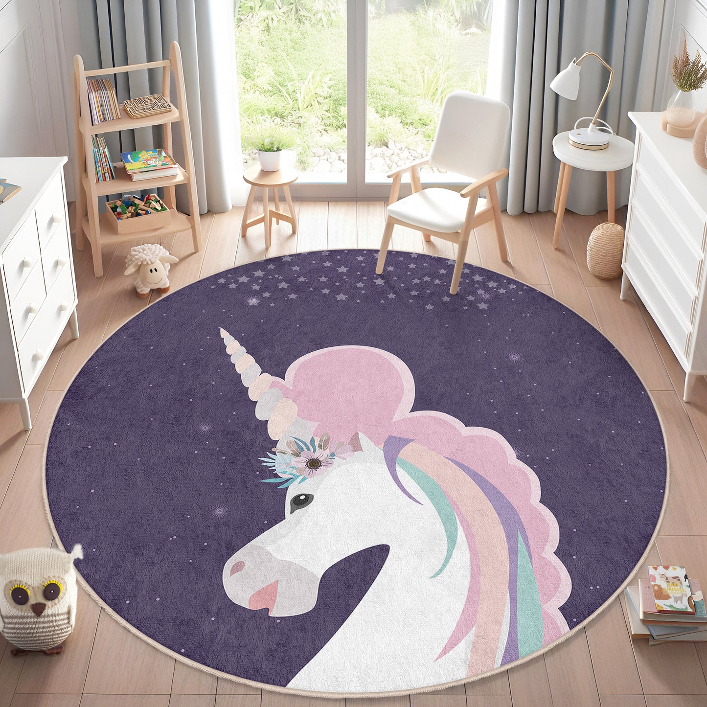 Unicorn Pony Magic World Design Washable Anti-Slip Kids Round Rug Multifunction as Non Slip Play Mat - Perfect for Bedrooms, Playrooms & Nurseries - Durable, Safe, & Easy to Clean for Boys & Girls 310