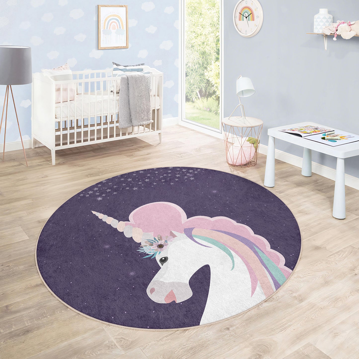 Unicorn Pony Magic World Design Washable Anti-Slip Kids Round Rug Multifunction as Non Slip Play Mat - Perfect for Bedrooms, Playrooms & Nurseries - Durable, Safe, & Easy to Clean for Boys & Girls 310