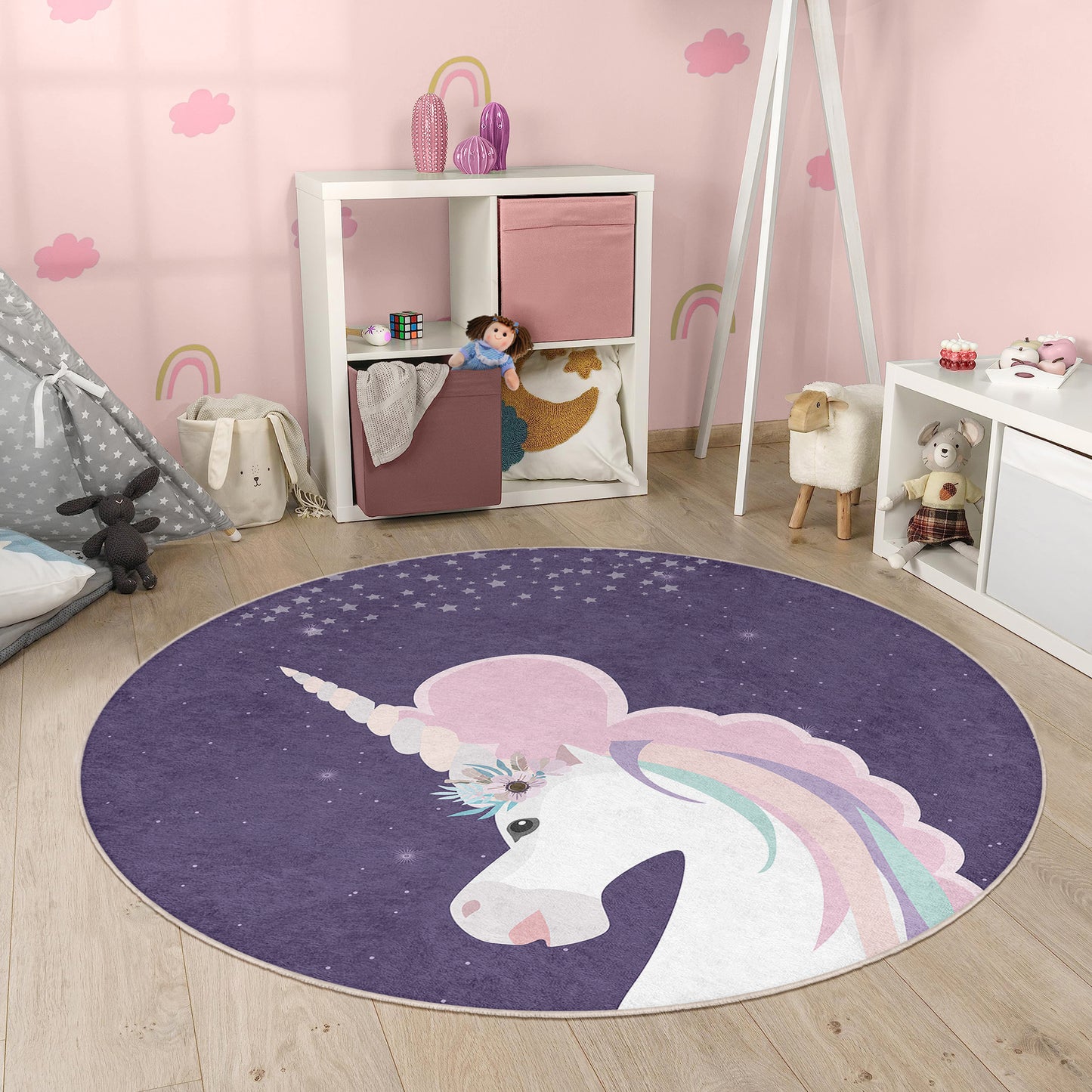 Unicorn Pony Magic World Design Washable Anti-Slip Kids Round Rug Multifunction as Non Slip Play Mat - Perfect for Bedrooms, Playrooms & Nurseries - Durable, Safe, & Easy to Clean for Boys & Girls 310