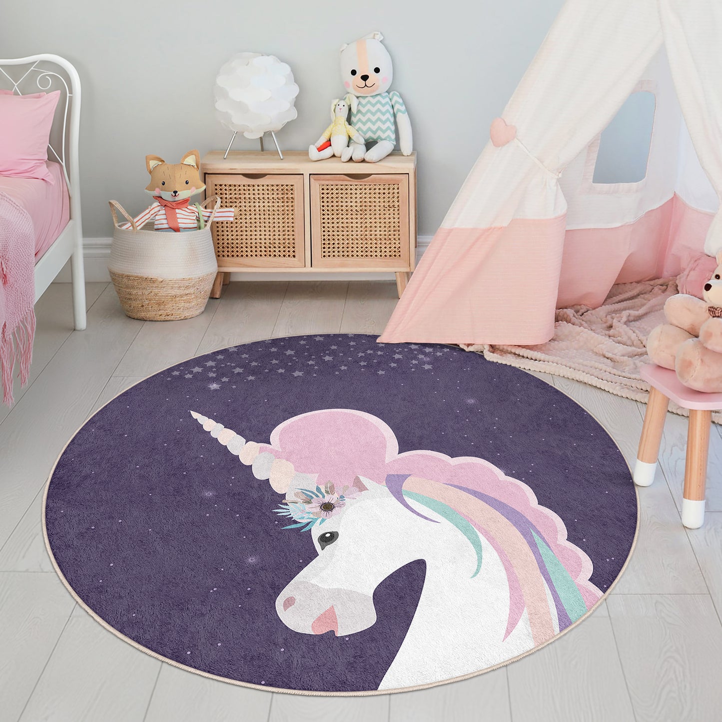 Unicorn Pony Magic World Design Washable Anti-Slip Kids Round Rug Multifunction as Non Slip Play Mat - Perfect for Bedrooms, Playrooms & Nurseries - Durable, Safe, & Easy to Clean for Boys & Girls 310