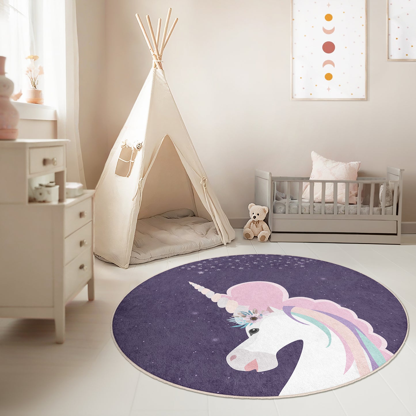Unicorn Pony Magic World Design Washable Anti-Slip Kids Round Rug Multifunction as Non Slip Play Mat - Perfect for Bedrooms, Playrooms & Nurseries - Durable, Safe, & Easy to Clean for Boys & Girls 310