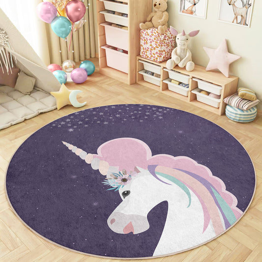 Unicorn Pony Magic World Design Washable Anti-Slip Kids Round Rug Multifunction as Non Slip Play Mat - Perfect for Bedrooms, Playrooms & Nurseries - Durable, Safe, & Easy to Clean for Boys & Girls 310