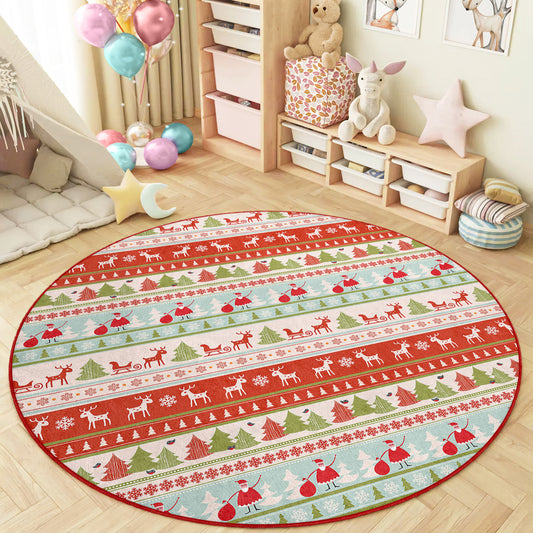 Christmas Deers White and Red Traditional Design Washable Anti-Slip Kids Round Rug Multifunction as Non Slip Play Mat - Perfect for Bedrooms, Playrooms & Nurseries - Durable, Safe, & Easy to Clean for Boys & Girls 313