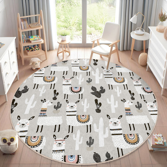 Cactus Rainbow and Lama Design Washable Anti-Slip Kids Round Rug Multifunction as Non Slip Play Mat - Perfect for Bedrooms, Playrooms & Nurseries - Durable, Safe, & Easy to Clean for Boys & Girls 314