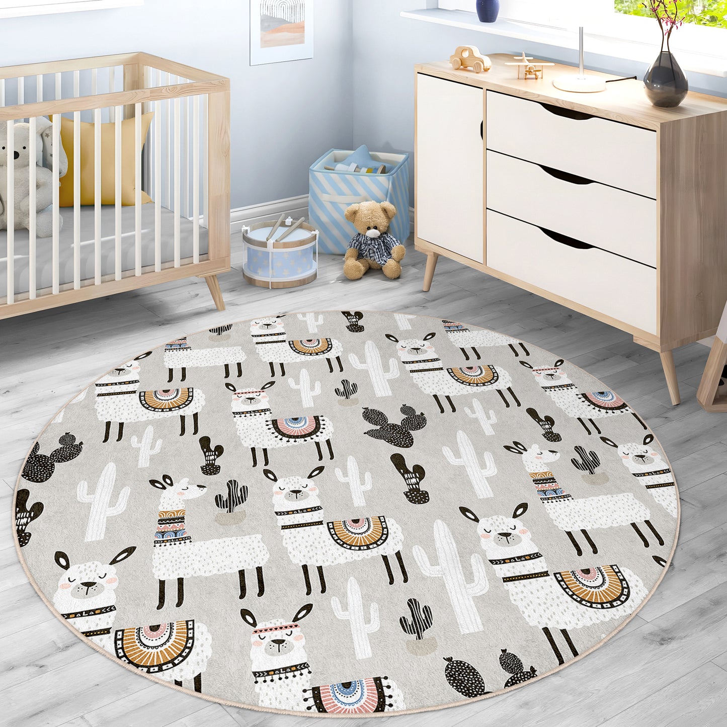 Cactus Rainbow and Lama Design Washable Anti-Slip Kids Round Rug Multifunction as Non Slip Play Mat - Perfect for Bedrooms, Playrooms & Nurseries - Durable, Safe, & Easy to Clean for Boys & Girls 314