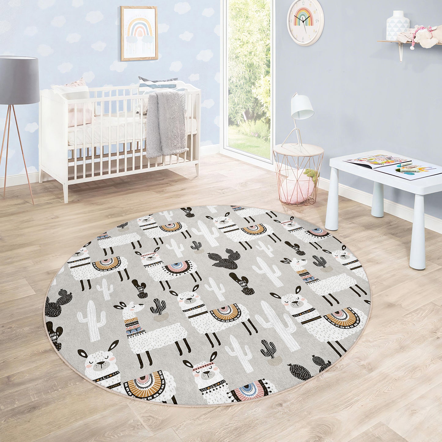 Cactus Rainbow and Lama Design Washable Anti-Slip Kids Round Rug Multifunction as Non Slip Play Mat - Perfect for Bedrooms, Playrooms & Nurseries - Durable, Safe, & Easy to Clean for Boys & Girls 314
