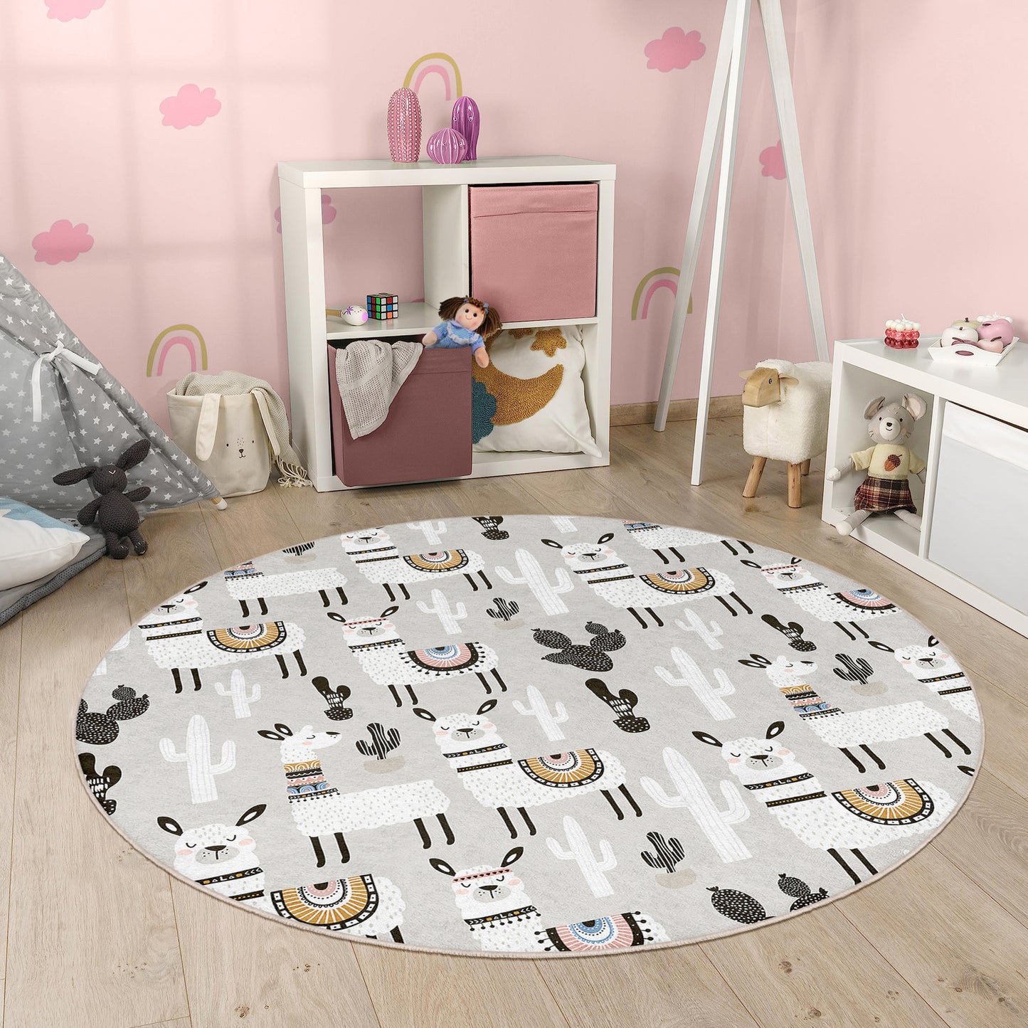 Cactus Rainbow and Lama Design Washable Anti-Slip Kids Round Rug Multifunction as Non Slip Play Mat - Perfect for Bedrooms, Playrooms & Nurseries - Durable, Safe, & Easy to Clean for Boys & Girls 314