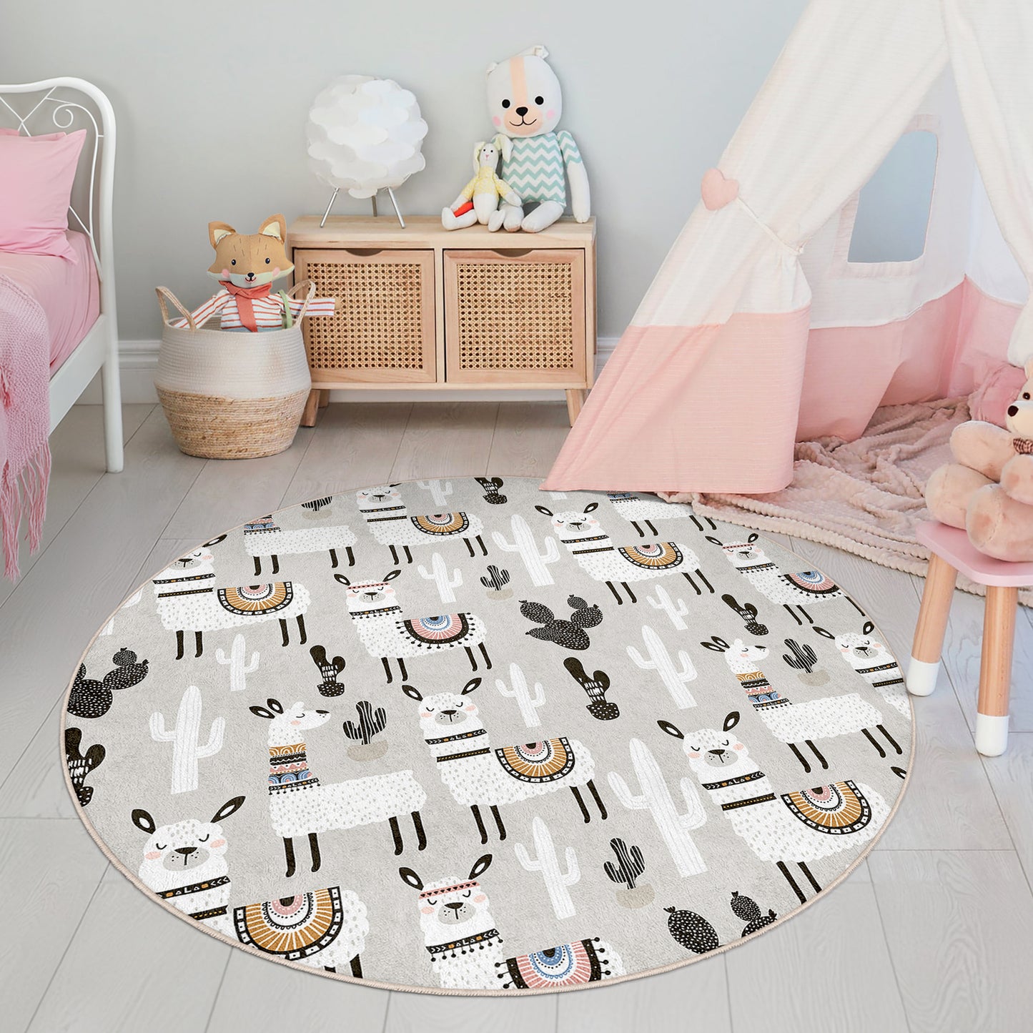 Cactus Rainbow and Lama Design Washable Anti-Slip Kids Round Rug Multifunction as Non Slip Play Mat - Perfect for Bedrooms, Playrooms & Nurseries - Durable, Safe, & Easy to Clean for Boys & Girls 314