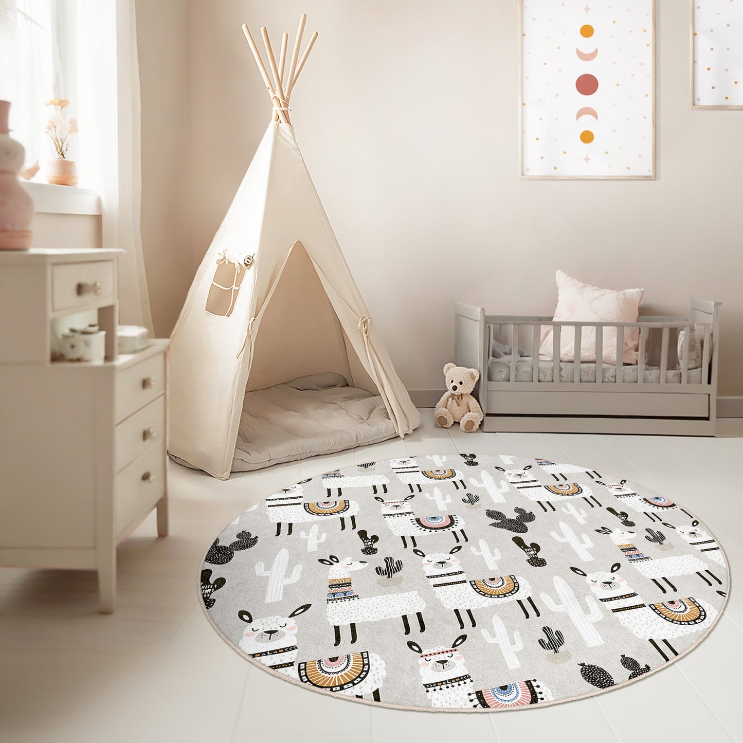 Cactus Rainbow and Lama Design Washable Anti-Slip Kids Round Rug Multifunction as Non Slip Play Mat - Perfect for Bedrooms, Playrooms & Nurseries - Durable, Safe, & Easy to Clean for Boys & Girls 314