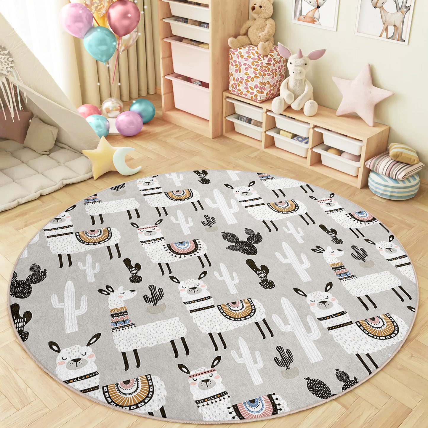 Cactus Rainbow and Lama Design Washable Anti-Slip Kids Round Rug Multifunction as Non Slip Play Mat - Perfect for Bedrooms, Playrooms & Nurseries - Durable, Safe, & Easy to Clean for Boys & Girls 314