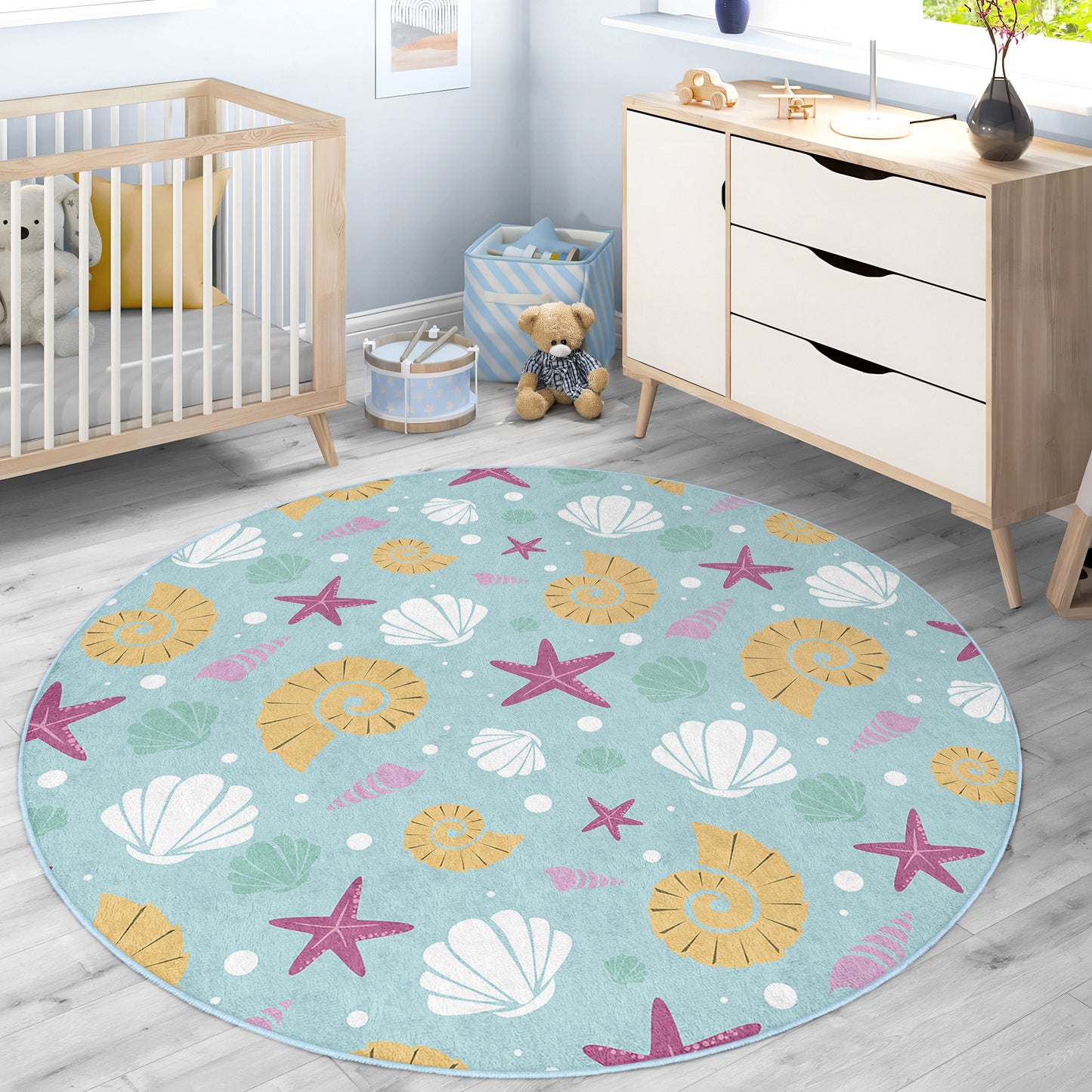 Sea Star and Shell Design Washable Anti-Slip Kids Round Rug Multifunction as Non Slip Play Mat - Perfect for Bedrooms, Playrooms & Nurseries - Durable, Safe, & Easy to Clean for Boys & Girls 315