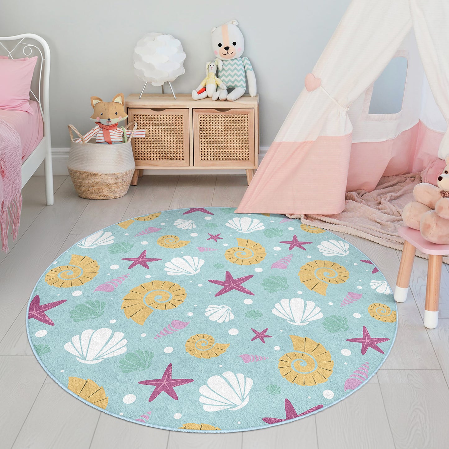 Sea Star and Shell Design Washable Anti-Slip Kids Round Rug Multifunction as Non Slip Play Mat - Perfect for Bedrooms, Playrooms & Nurseries - Durable, Safe, & Easy to Clean for Boys & Girls 315