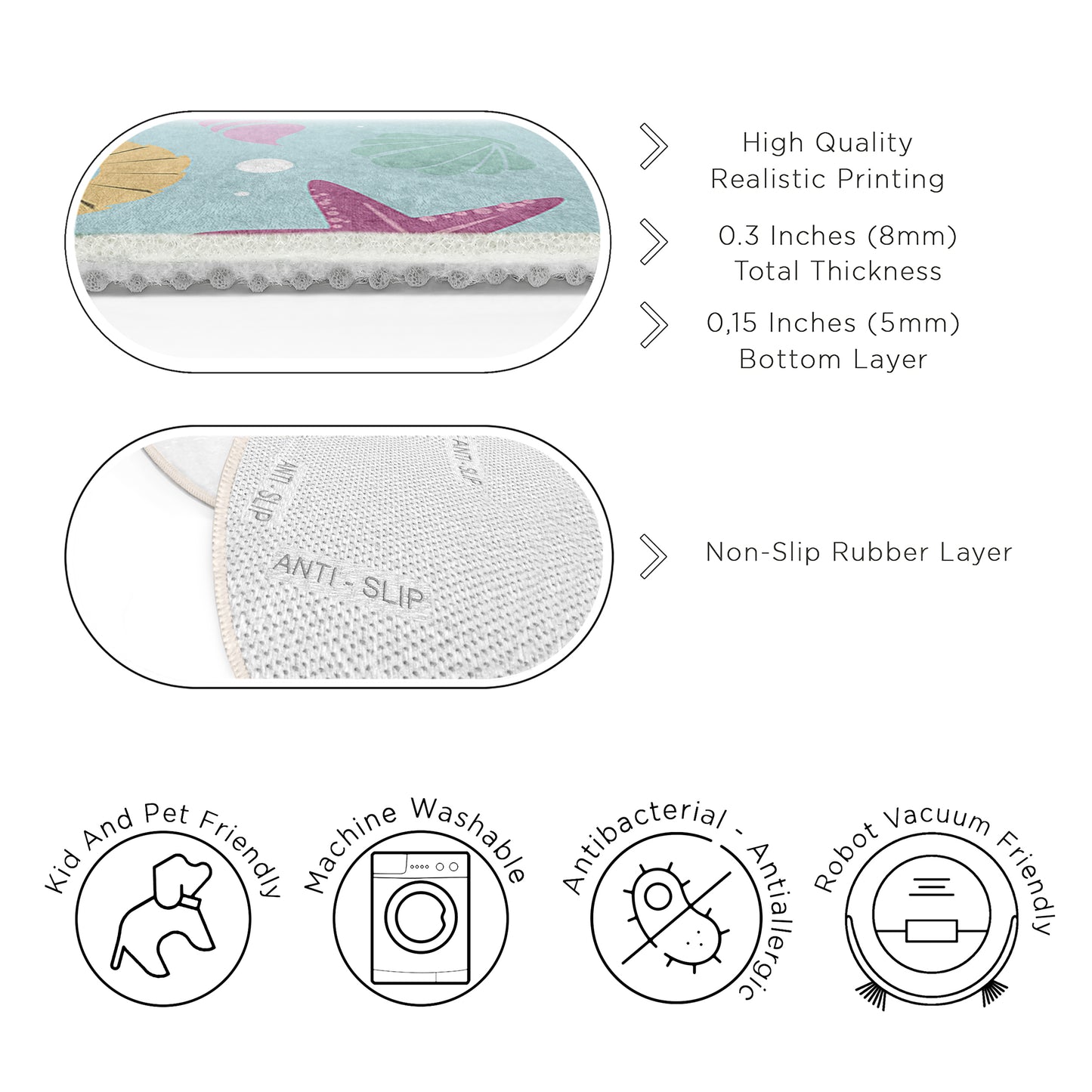 Sea Star and Shell Design Washable Anti-Slip Kids Round Rug Multifunction as Non Slip Play Mat - Perfect for Bedrooms, Playrooms & Nurseries - Durable, Safe, & Easy to Clean for Boys & Girls 315