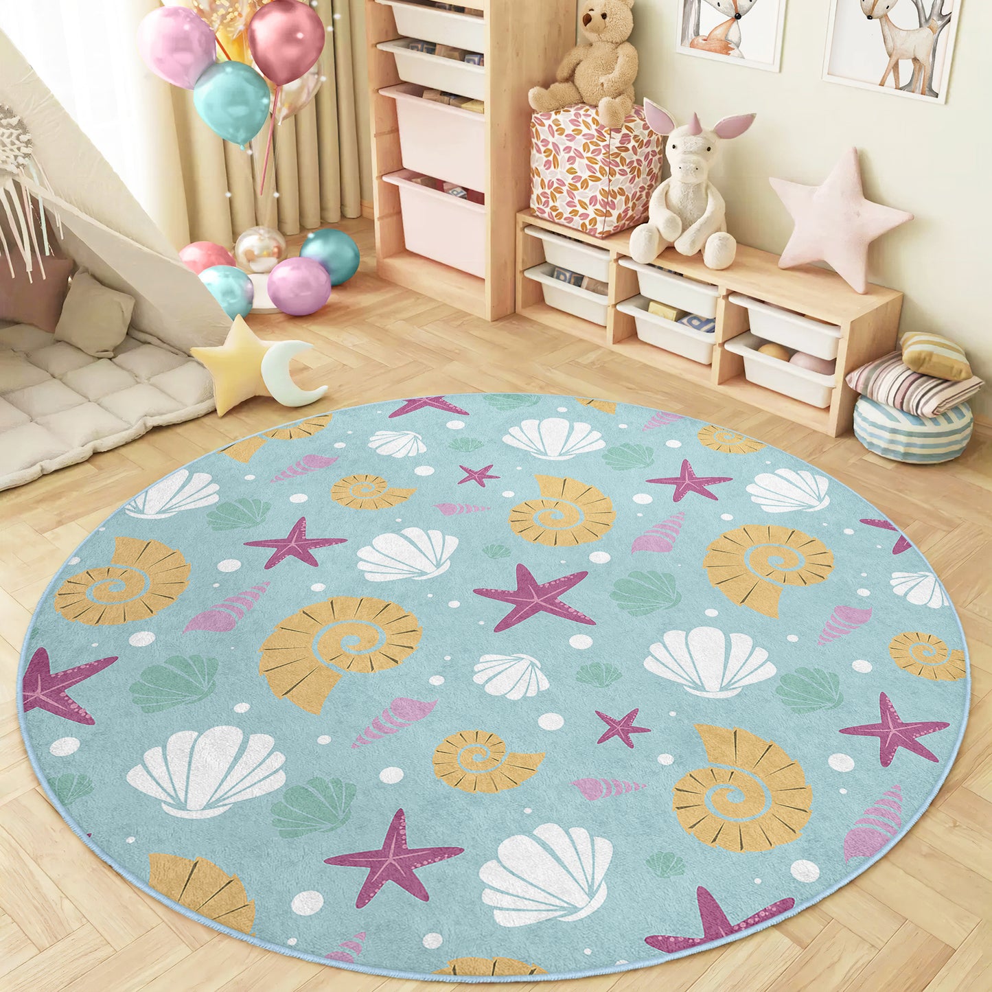 Sea Star and Shell Design Washable Anti-Slip Kids Round Rug Multifunction as Non Slip Play Mat - Perfect for Bedrooms, Playrooms & Nurseries - Durable, Safe, & Easy to Clean for Boys & Girls 315