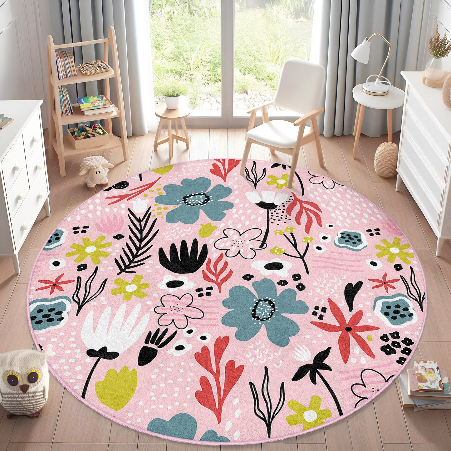 Colorful Flowers Design Washable Anti-Slip Kids Round Rug Multifunction as Non Slip Play Mat - Perfect for Bedrooms, Playrooms & Nurseries - Durable, Safe, & Easy to Clean for Boys & Girls 316
