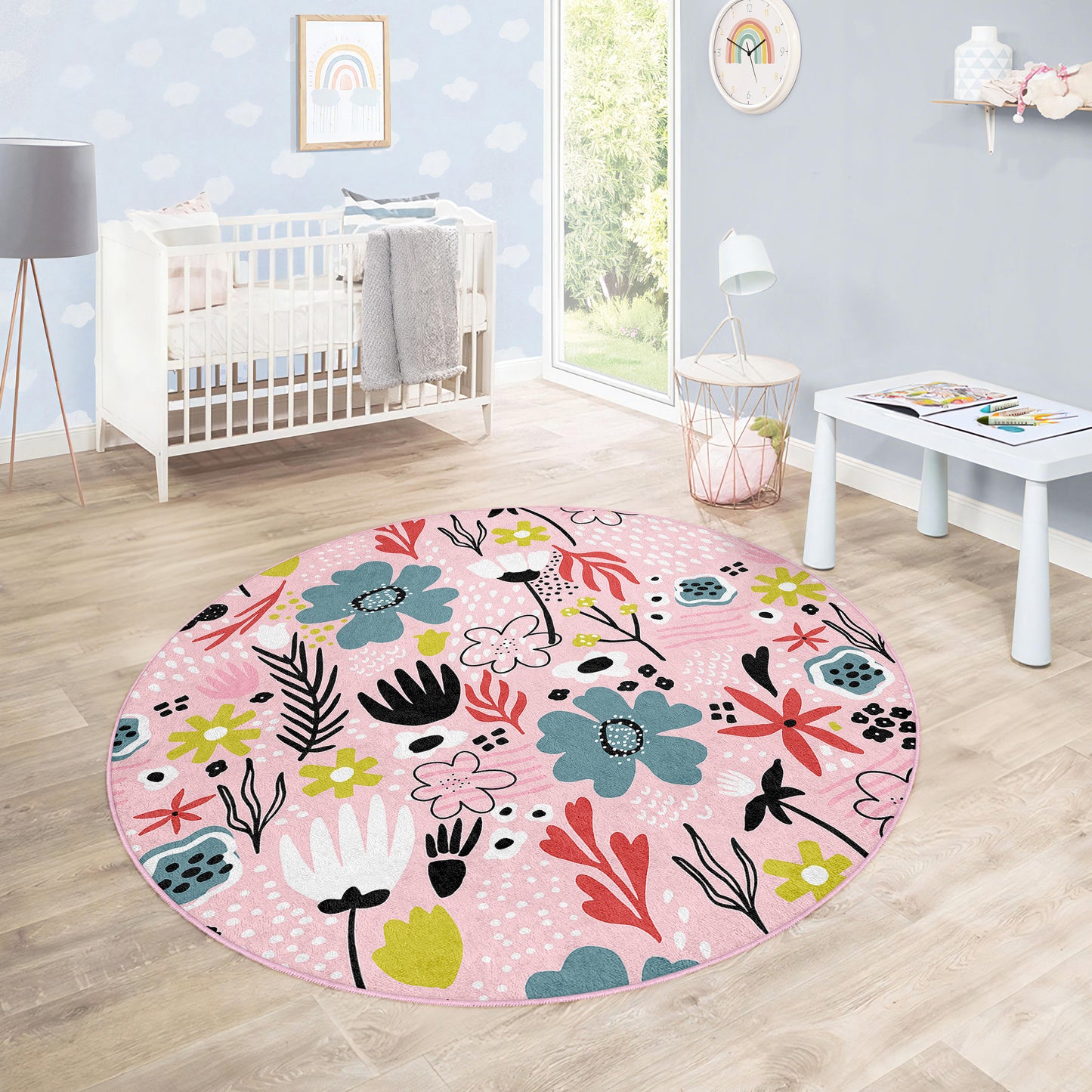 Colorful Flowers Design Washable Anti-Slip Kids Round Rug Multifunction as Non Slip Play Mat - Perfect for Bedrooms, Playrooms & Nurseries - Durable, Safe, & Easy to Clean for Boys & Girls 316