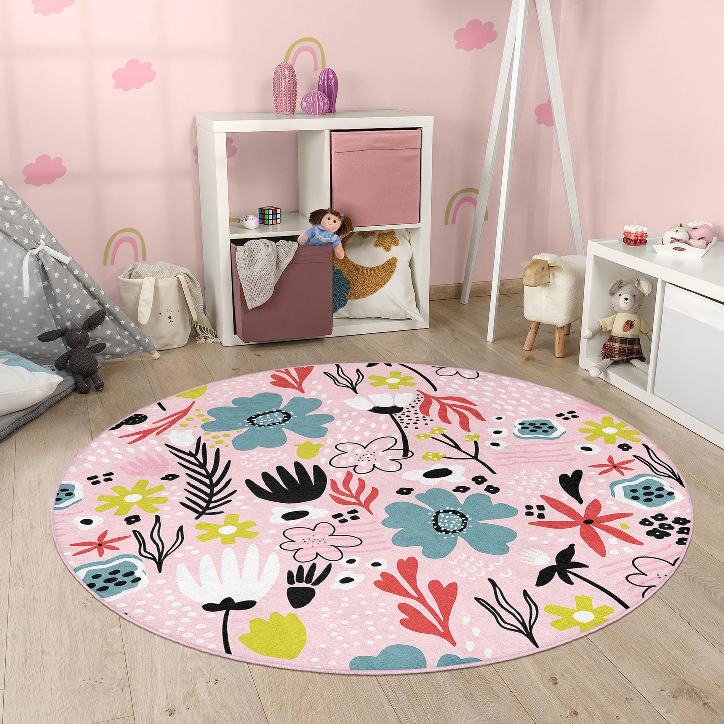 Colorful Flowers Design Washable Anti-Slip Kids Round Rug Multifunction as Non Slip Play Mat - Perfect for Bedrooms, Playrooms & Nurseries - Durable, Safe, & Easy to Clean for Boys & Girls 316