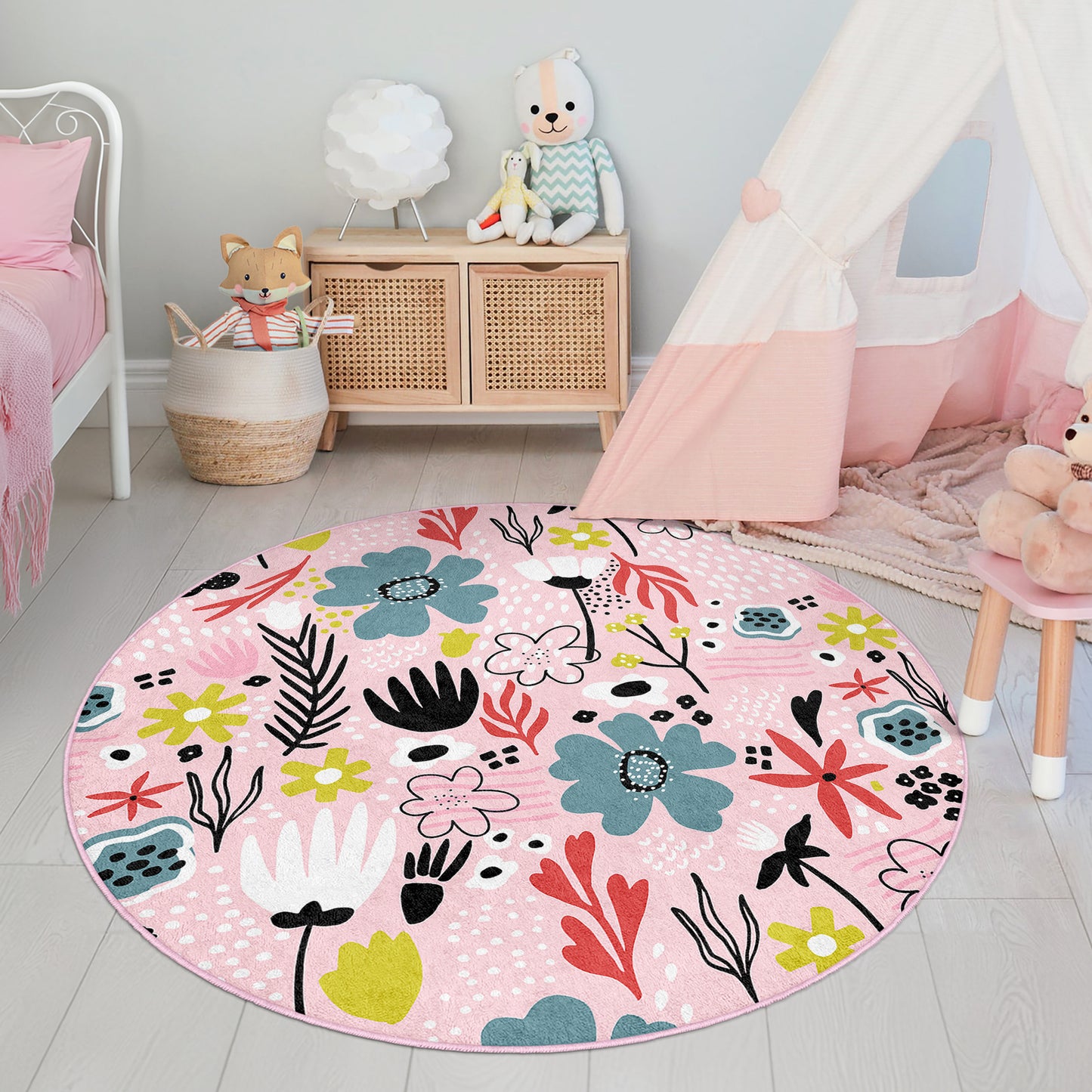 Colorful Flowers Design Washable Anti-Slip Kids Round Rug Multifunction as Non Slip Play Mat - Perfect for Bedrooms, Playrooms & Nurseries - Durable, Safe, & Easy to Clean for Boys & Girls 316