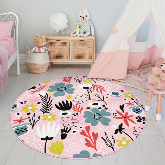 Colorful Flowers Design Washable Anti-Slip Kids Round Rug Multifunction as Non Slip Play Mat - Perfect for Bedrooms, Playrooms & Nurseries - Durable, Safe, & Easy to Clean for Boys & Girls 316